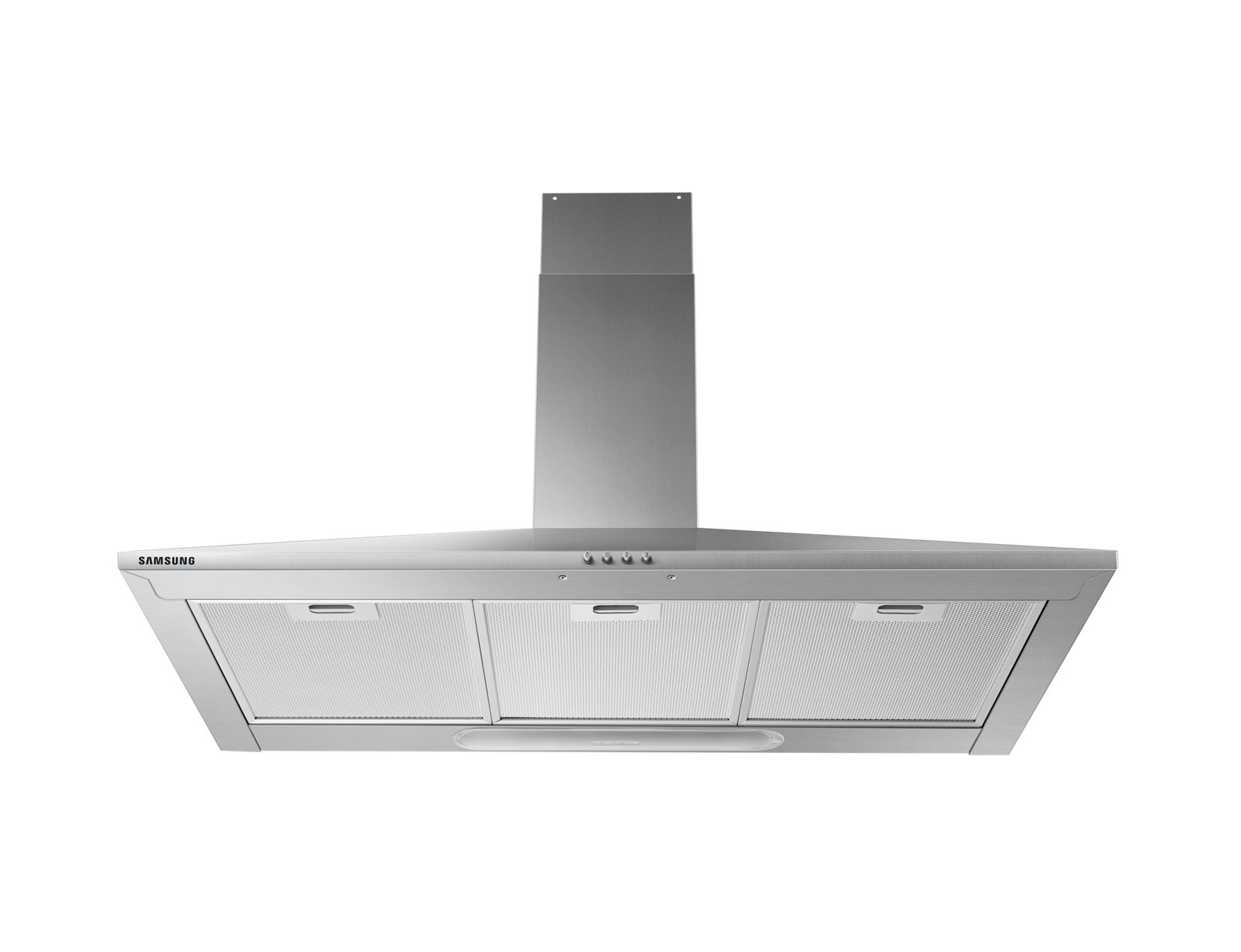 Cappa Samsung argentata con 3 prese d'aria e comandi. Sfondo bianco.