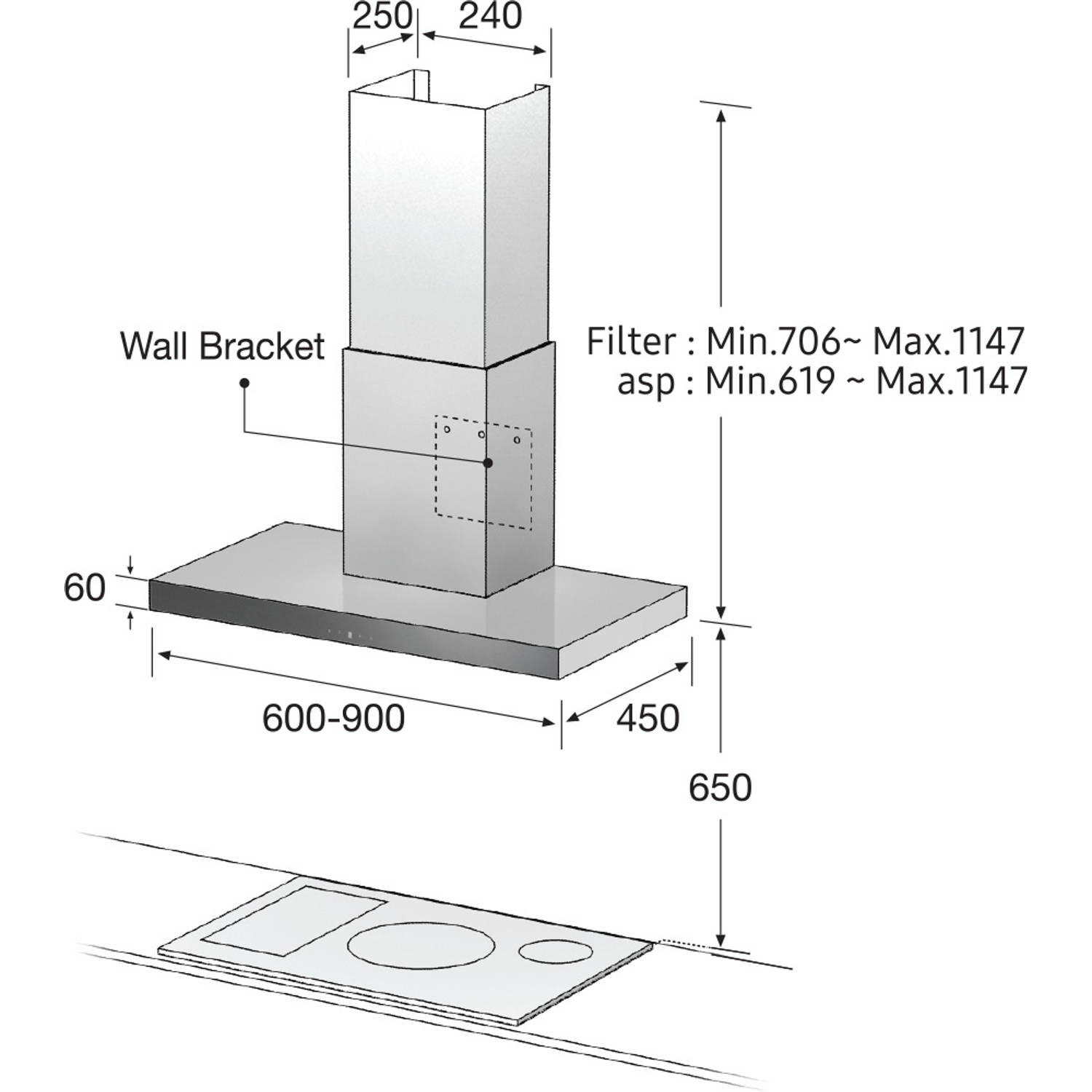 Diagramma di una cappa da cucina in acciaio inossidabile con dimensioni ed etichette, sfondo bianco.
