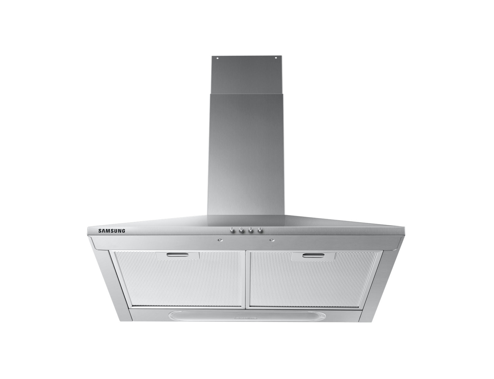 Cappa Samsung argentata con 2 prese d'aria e comandi. Sfondo bianco.