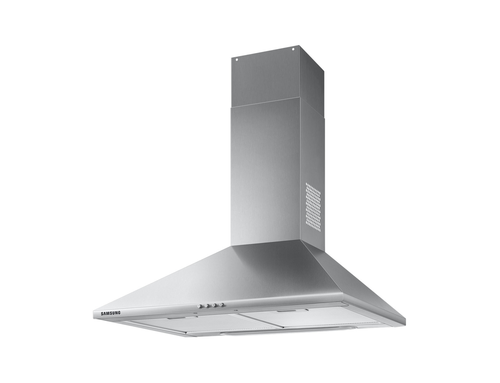 Cappa da cucina Samsung argento. La cappa è su sfondo bianco. Logo Samsung visibile.