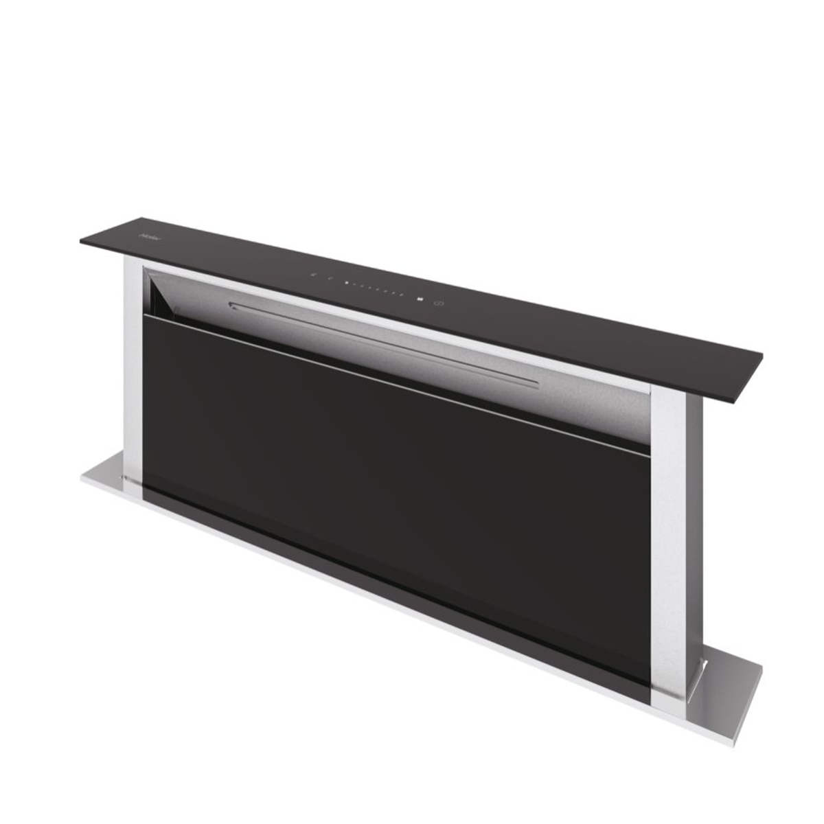 Elegante campana extractora negra con frontal de vidrio y detalles plateados.