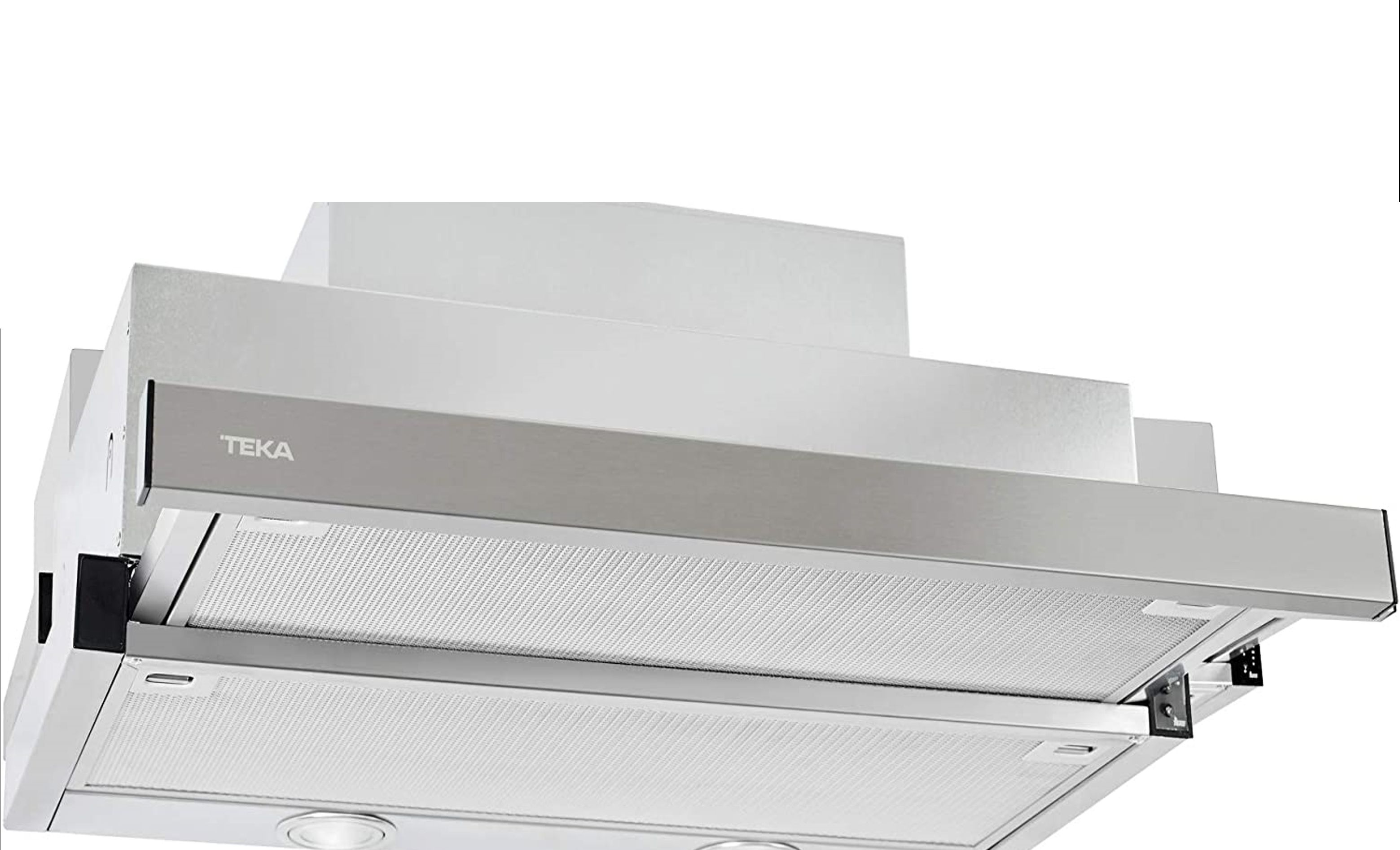 Okap ze stali nierdzewnej marki TEKA. Ma prostokątny kształt z filtrem i oświetleniem.