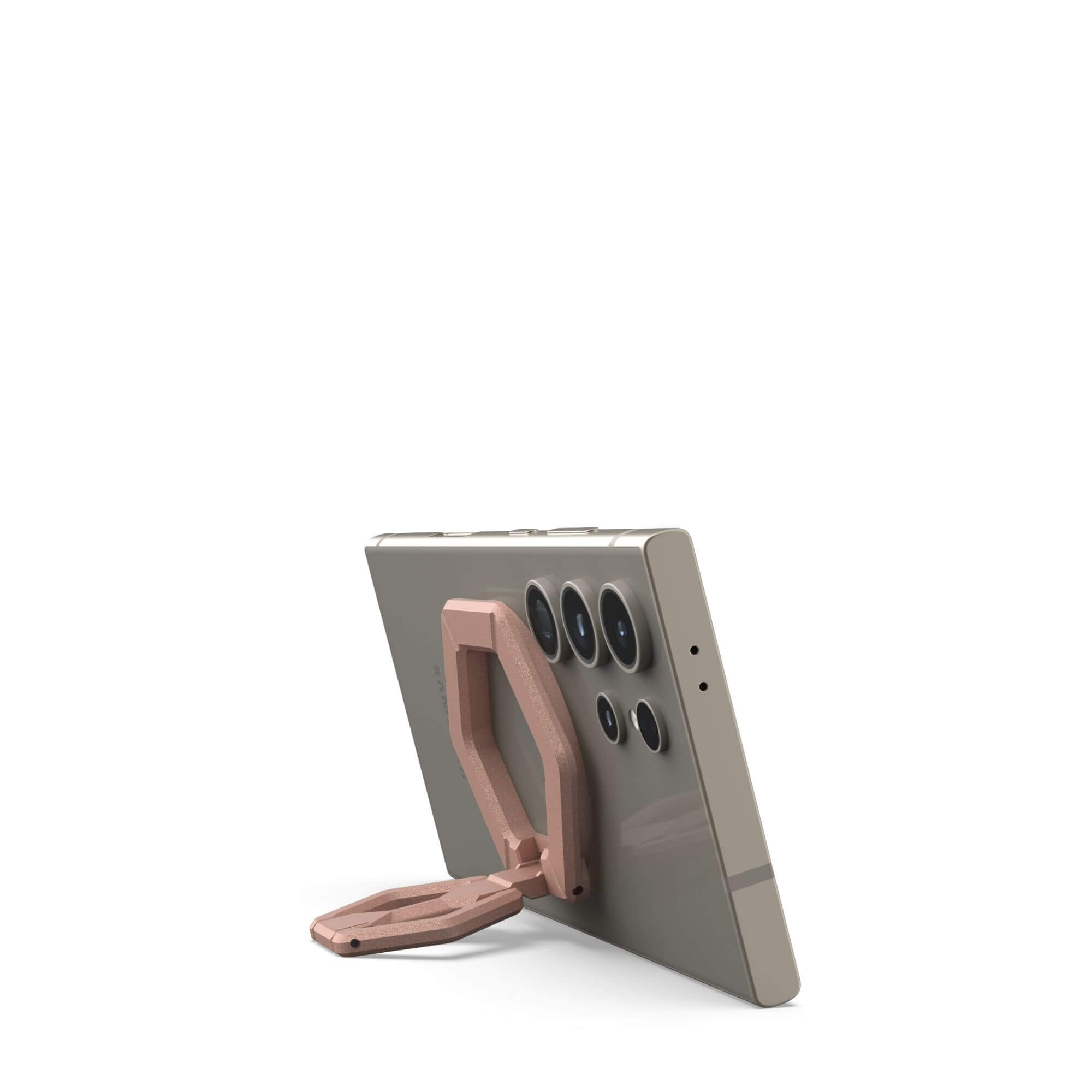 Smartphone mit roségoldfarbenem Ringhalter, leicht angewinkelt, auf weißem Hintergrund.