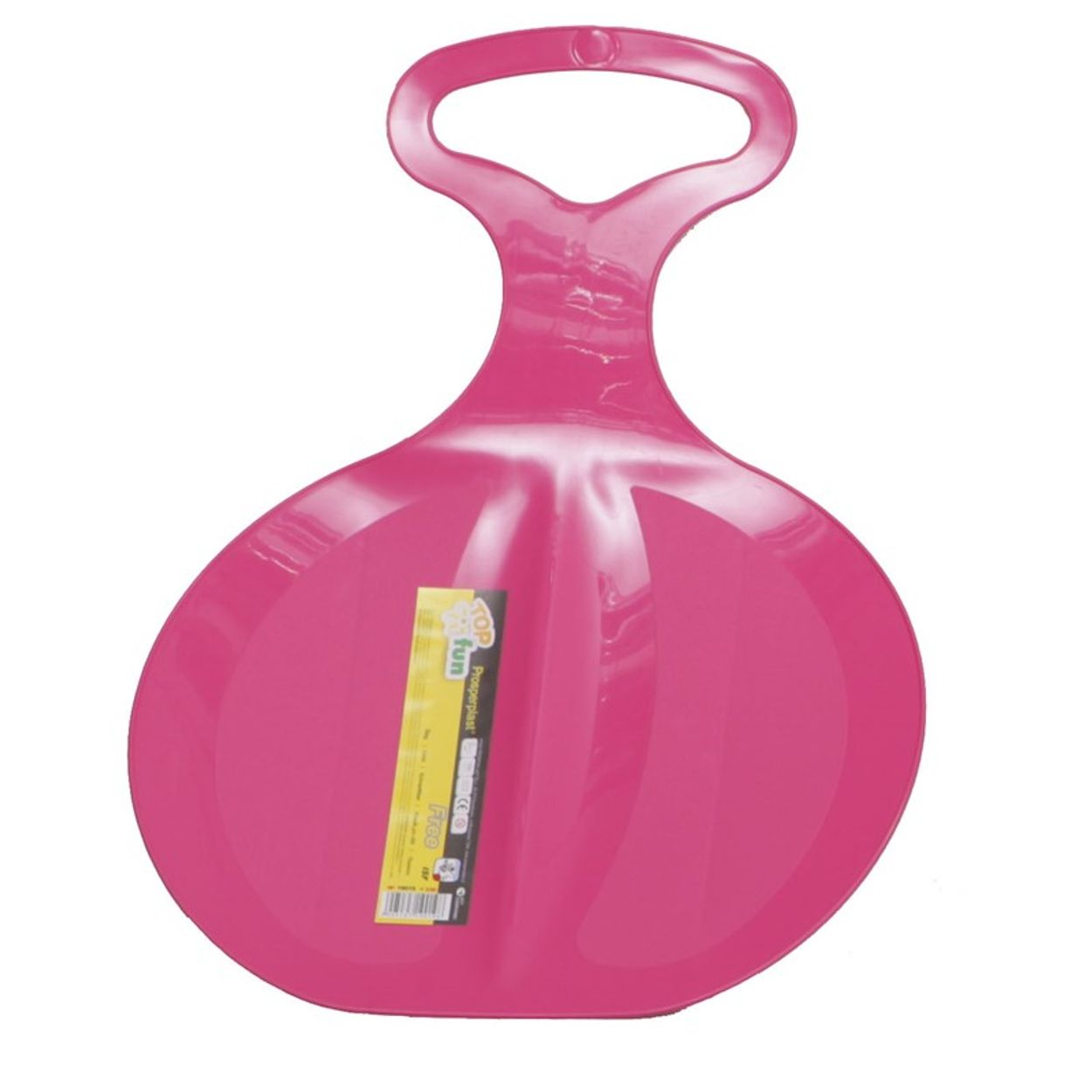 Ein rosa Schlitten mit einem Griff oben. Er hat eine breite Basis und befindet sich auf einer weißen Oberfläche.