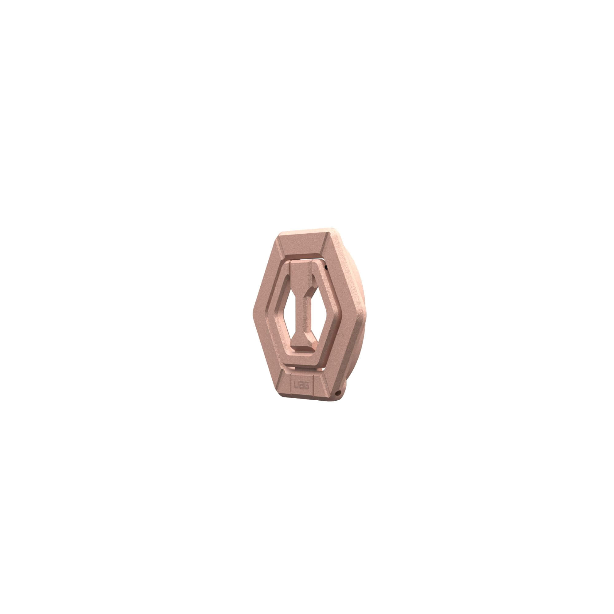 Ein roségoldenes, geometrisch geformtes Objekt mit einem Loch in der Mitte, isoliert auf Weiß.