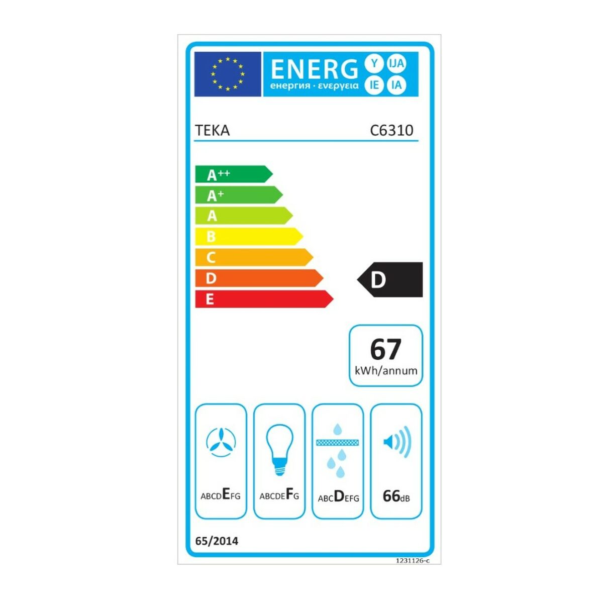 Etiqueta de eficiencia energética de una campana Teka, clase D.