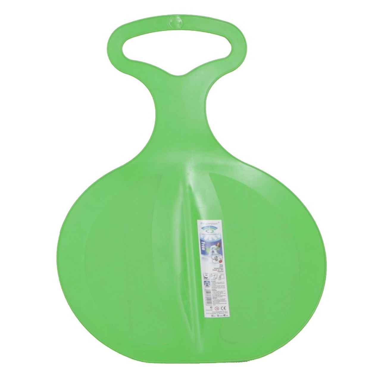 Ein grüner Plastikschlitten mit Griff. Er ist rund und flach mit einem Griff oben.
