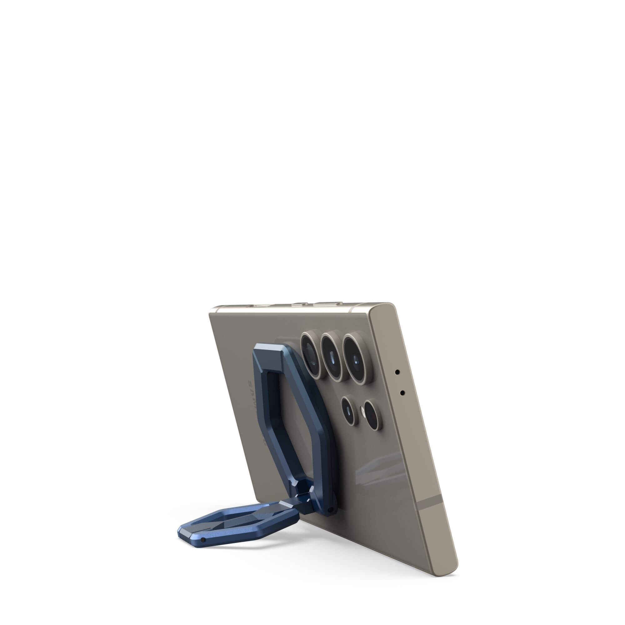Ein Smartphone mit blauem Ständer. Das Telefon ist angewinkelt, die Kameralinsen sind sichtbar. Der Ständer ist hinten.