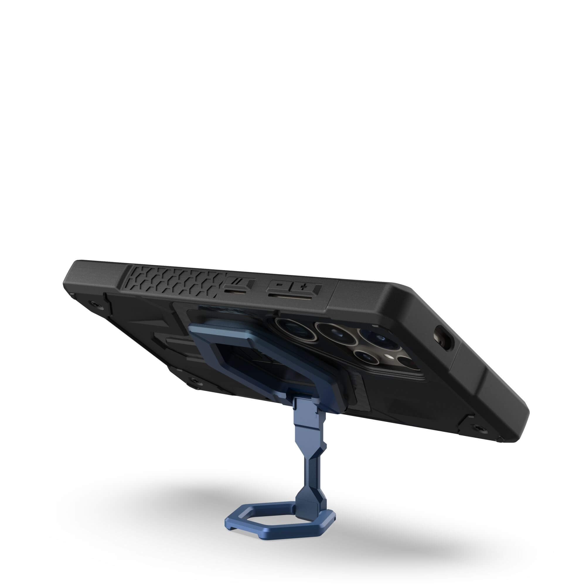 Schwarzes Telefon in einem Ständer. Telefon hat Kameralinsen und ist abgewinkelt. Ständer ist blau.