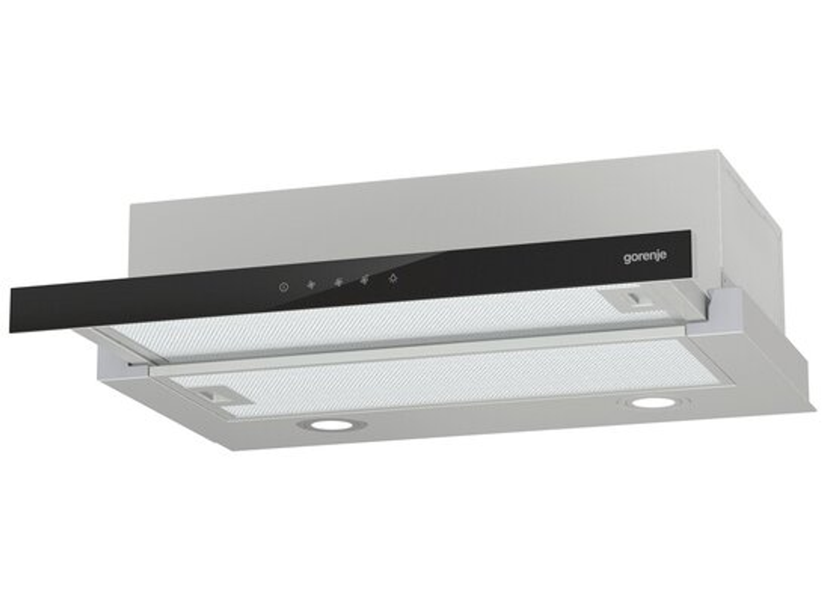 Una cappa Gorenje grigio chiaro e nera con due luci e un pannello di controllo nero.