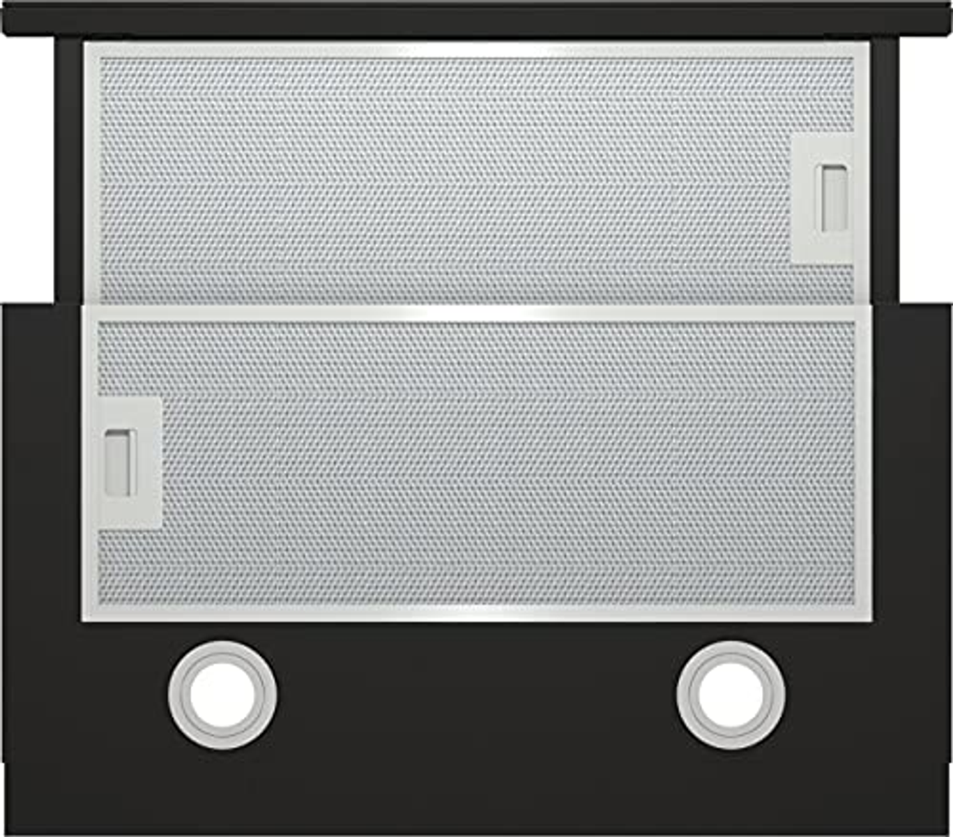 Czarny i srebrny okap kuchenny z dwoma okrągłymi światłami i dwoma filtrami.