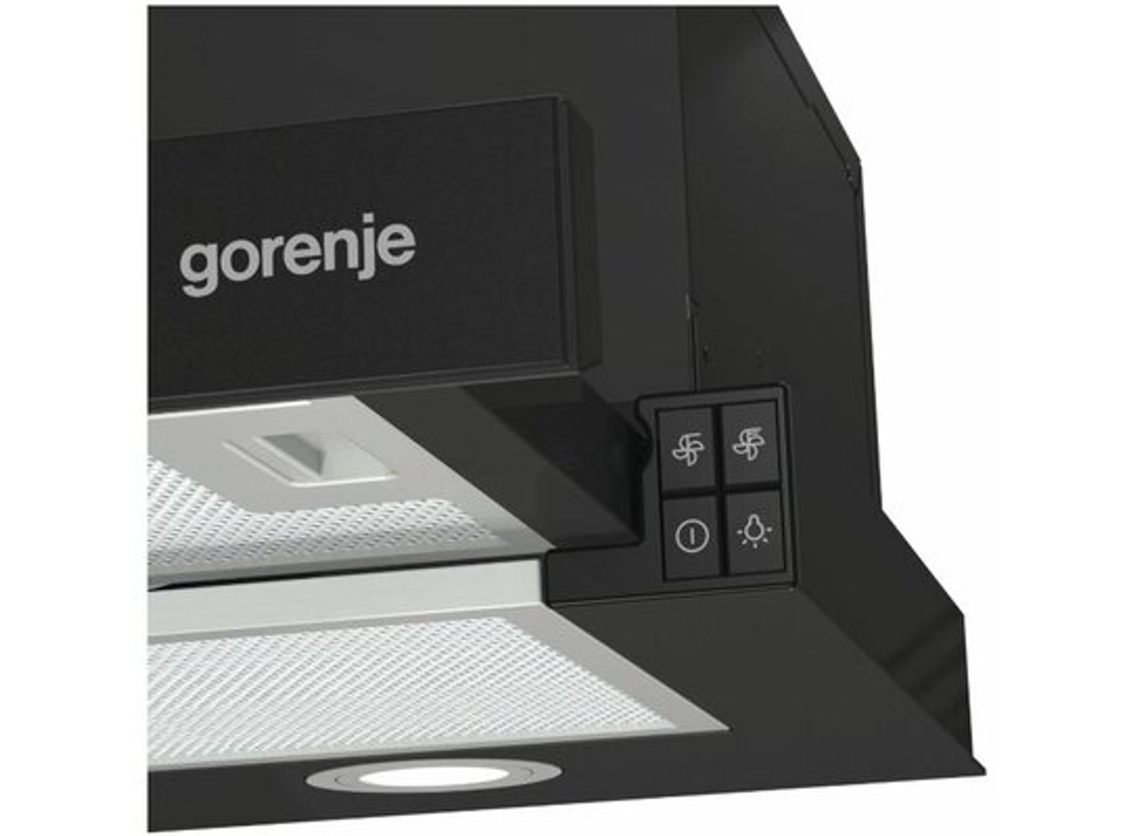 Zbliżenie na czarny panel sterowania okapu Gorenje z przyciskami wentylatora i światła.