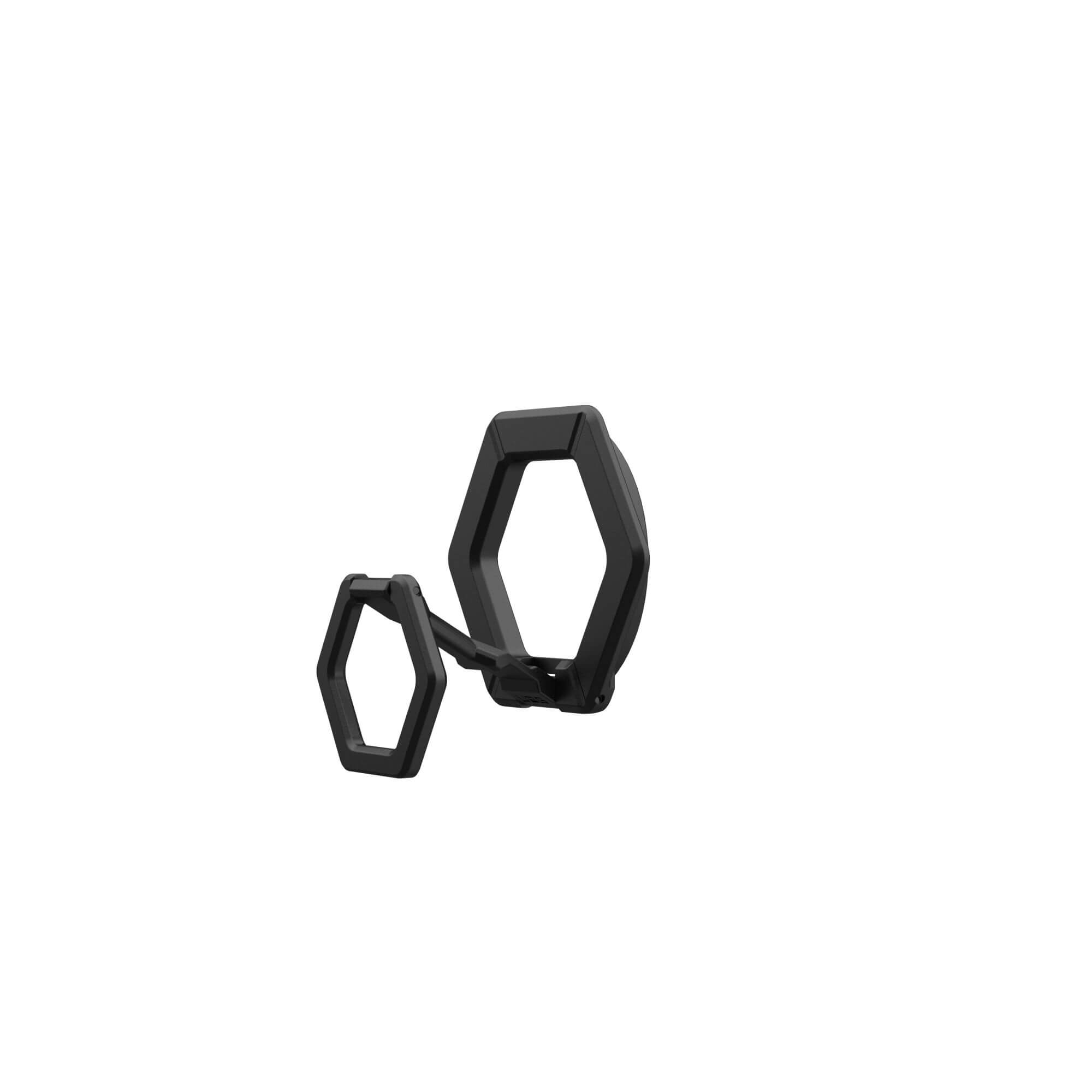 Schwarzer, geometrischer Brillenhalter. Er hat zwei Sechseckformen, die durch einen dünnen Steg verbunden sind.