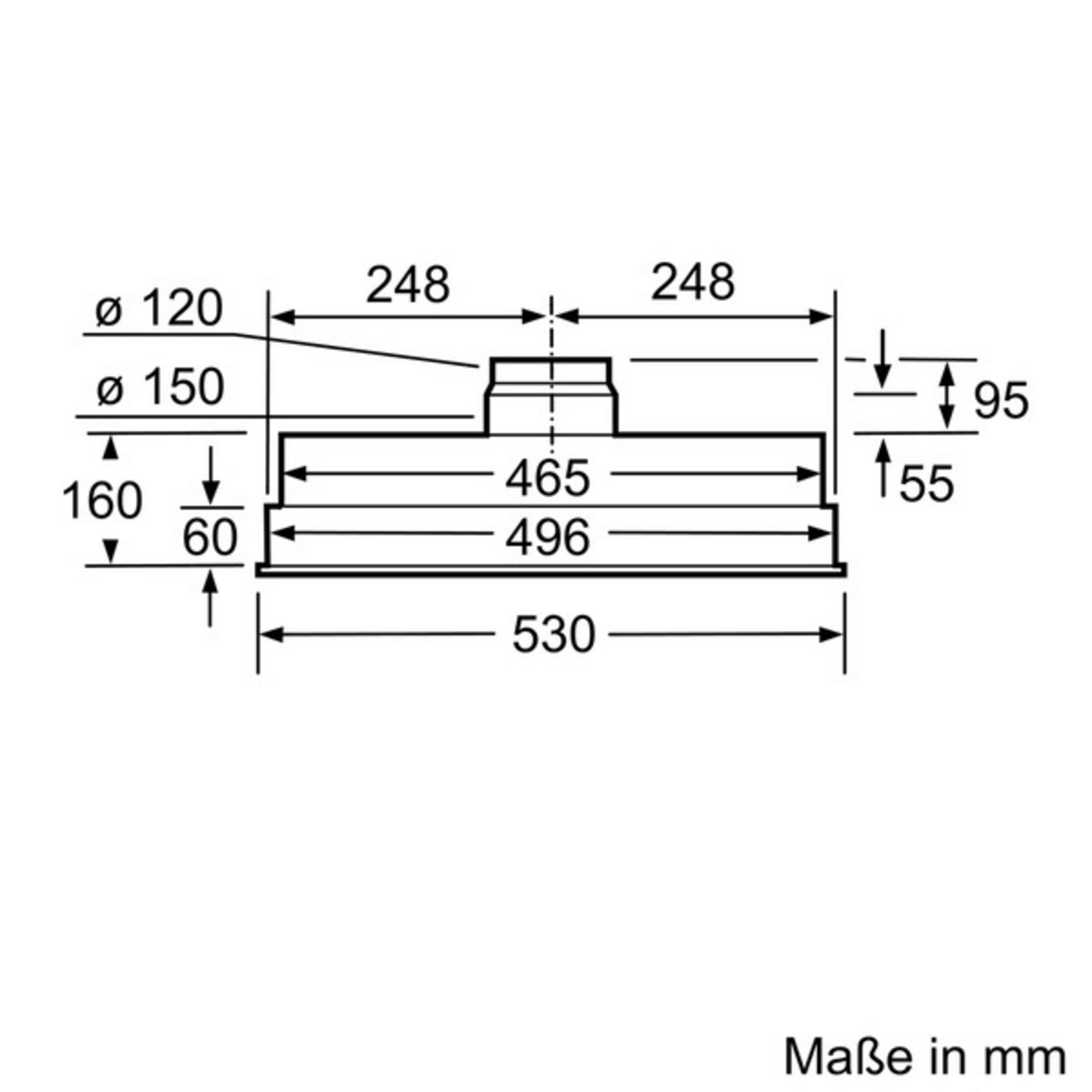Disegno tecnico di un elettrodomestico con dimensioni in mm. Mostra larghezza, altezza e diametro.