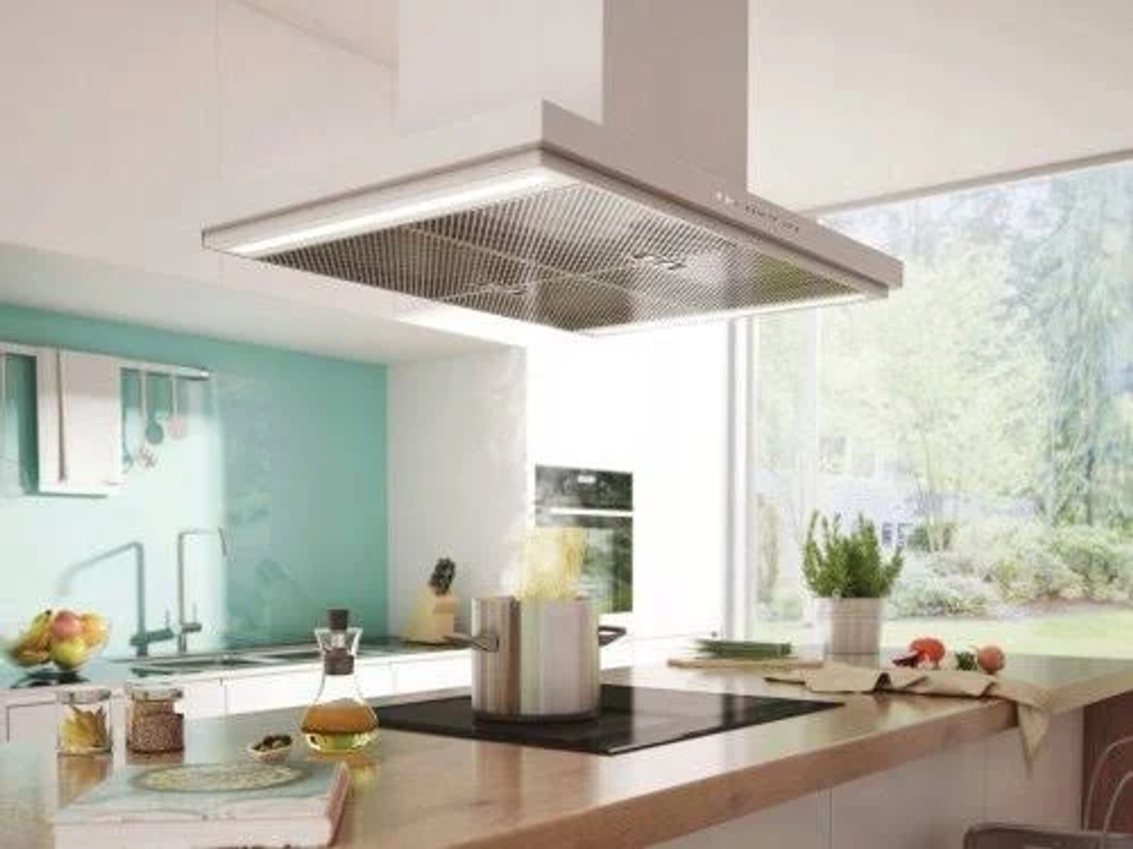 Cucina con elettrodomestici. Cappa in acciaio inox. Finestra con alberi sullo sfondo.