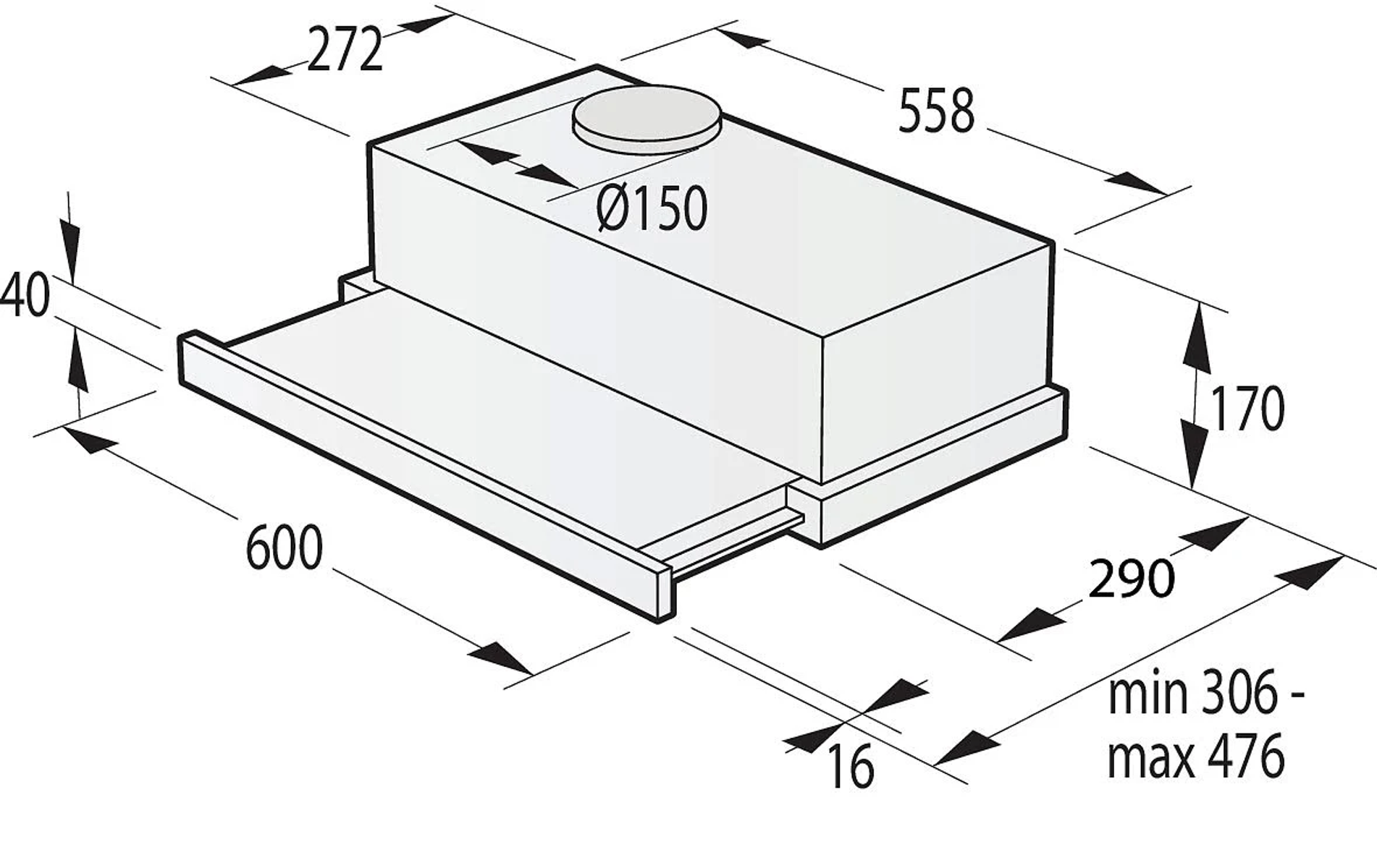 Un diagramma con dimensioni che mostra una cappa aspirante. Ha una parte superiore circolare e una base rettangolare.