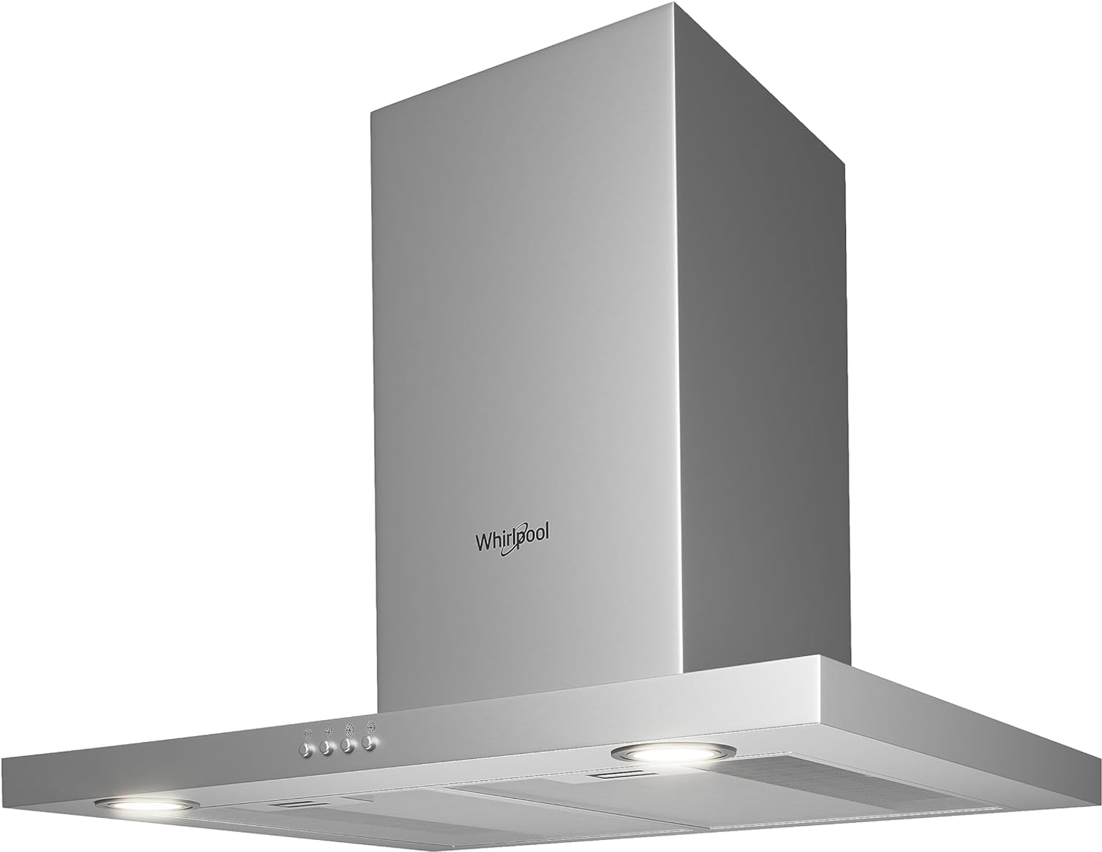 Una cappa da cucina Whirlpool in acciaio inossidabile con design rettangolare e luci.