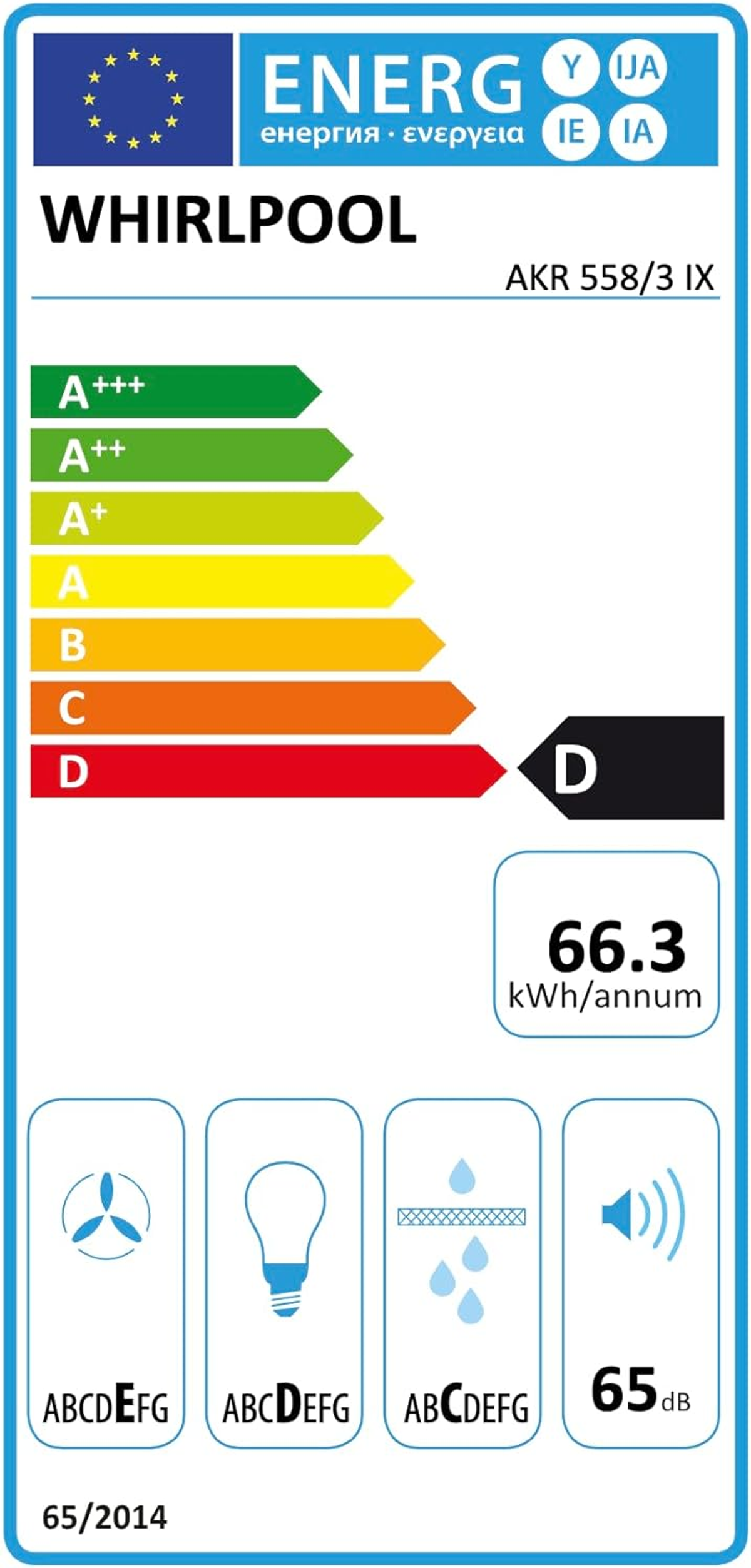 Un'etichetta energetica per una cappa Whirlpool, che mostra i dettagli sull'efficienza energetica e il livello sonoro.