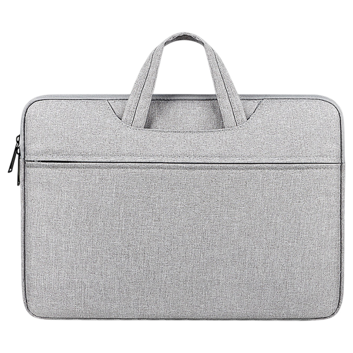 Eine graue Laptoptasche mit Reißverschluss und Griff wird vor weißem Hintergrund gezeigt.