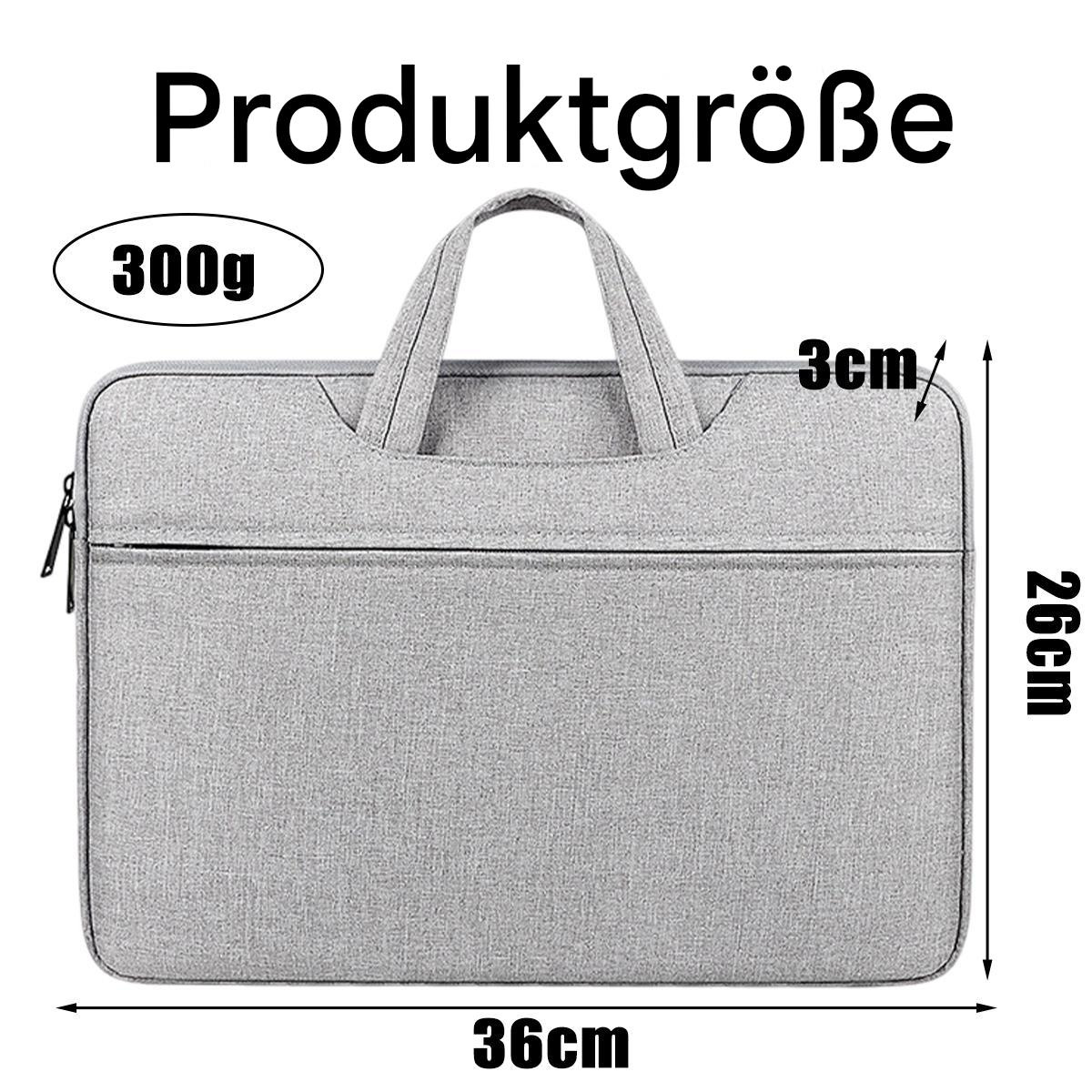 Graue Laptoptasche mit Griff, Abmessungen 36cm x 26cm, Gewicht 300g.