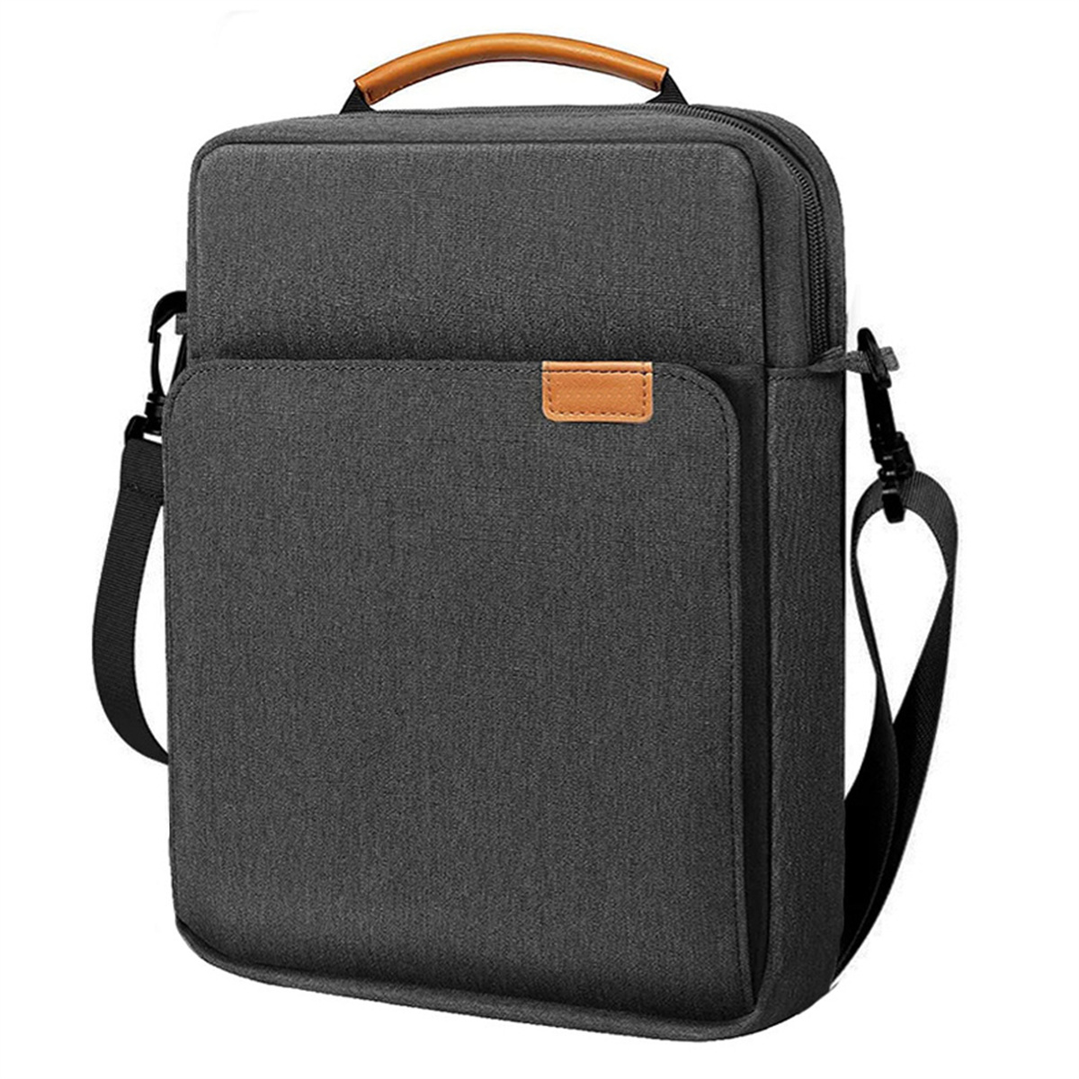 Eine dunkelgraue Laptoptasche mit braunem Griff und Schultergurt. Hat eine Vordertasche und einen Reißverschluss.