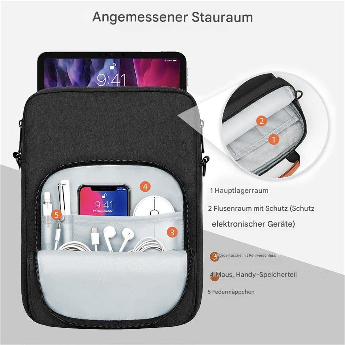 Eine schwarze Tasche mit Tablet, Telefon, Stiften und Kabeln. Text auf Deutsch.