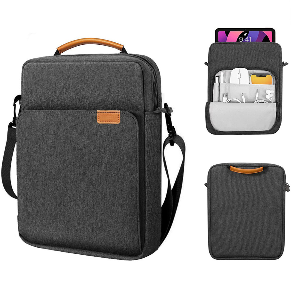 Eine graue Laptoptasche mit Griff, Schultergurt und mehreren Fächern.