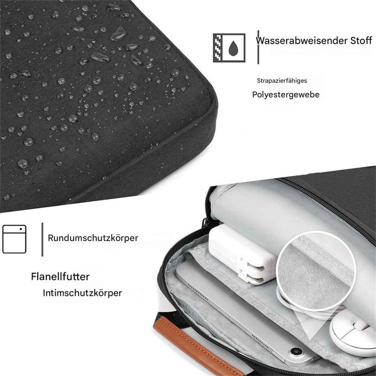 Nahaufnahme einer schwarzen Laptoptasche mit Inhalt. Merkmale sind wasserdichtes Gewebe und Polsterung.