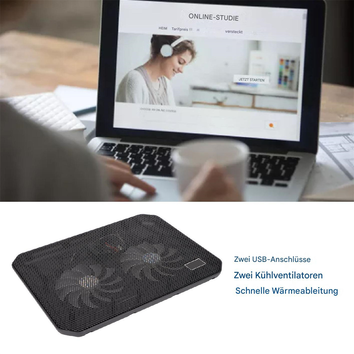 Eine Person, die einen Laptop mit einem Kühlpad benutzt. Der Laptop zeigt eine Online-Studien-Website.