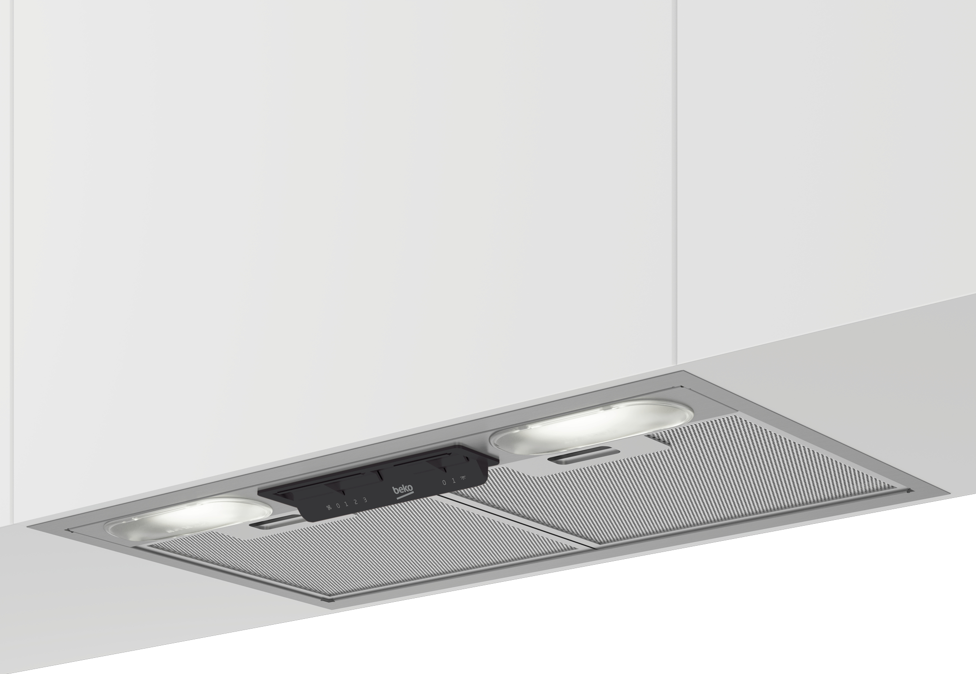Campana extractora Beko con luces y controles.