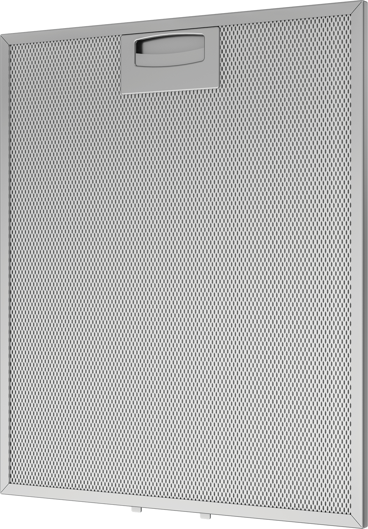 Primer plano de un filtro rectangular plateado de campana extractora, con asa en la parte superior.