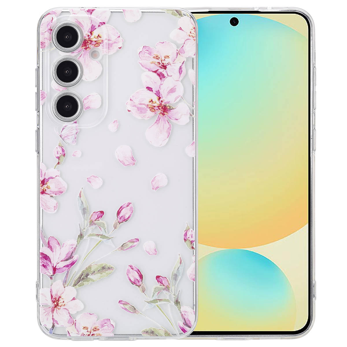 Een telefoon met een bloemenhoesje. De hoes is transparant met roze bloemen.
