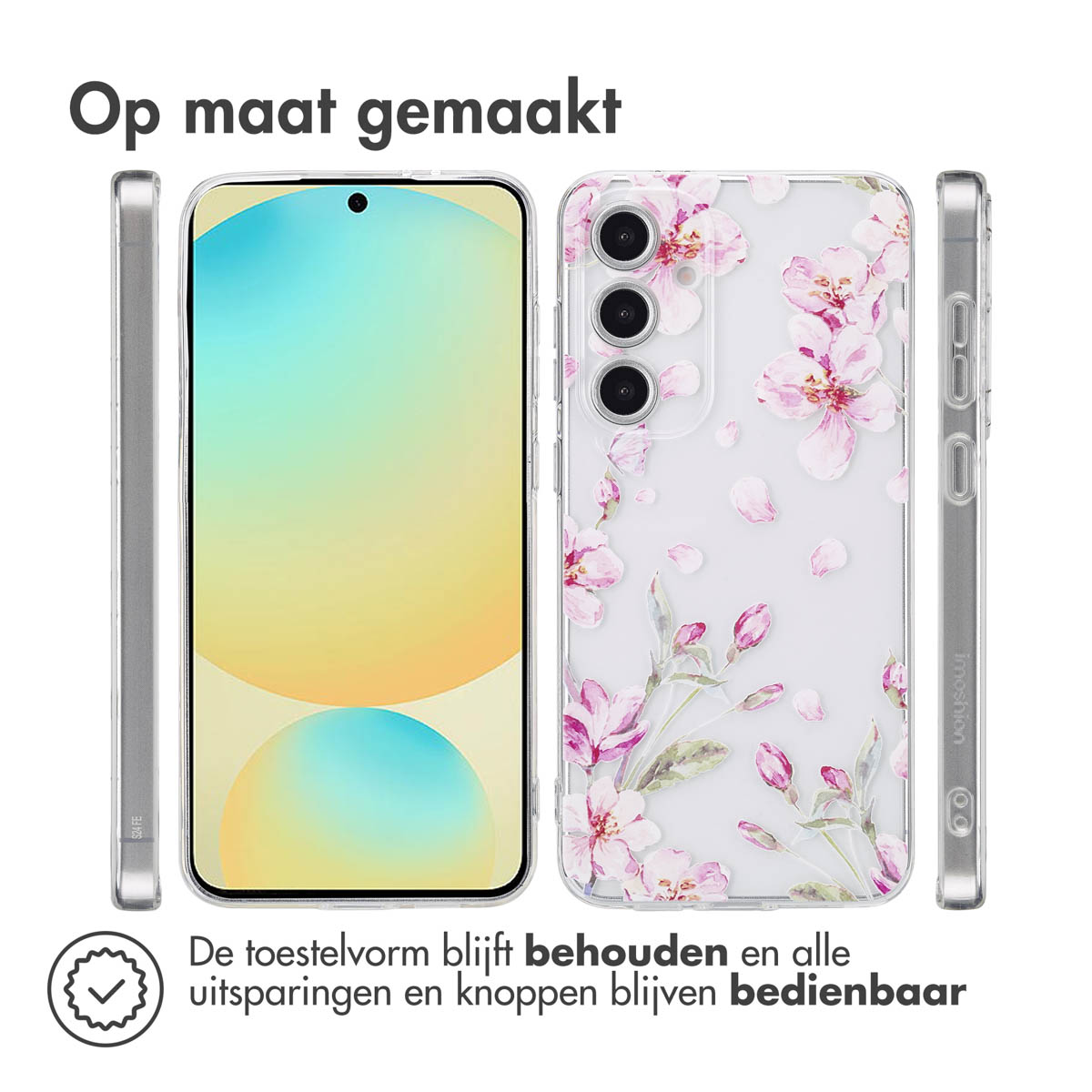Een telefoon in een doorzichtige hoes met roze bloemen. De telefoon staat in het midden. De hoes staat op een witte achtergrond.