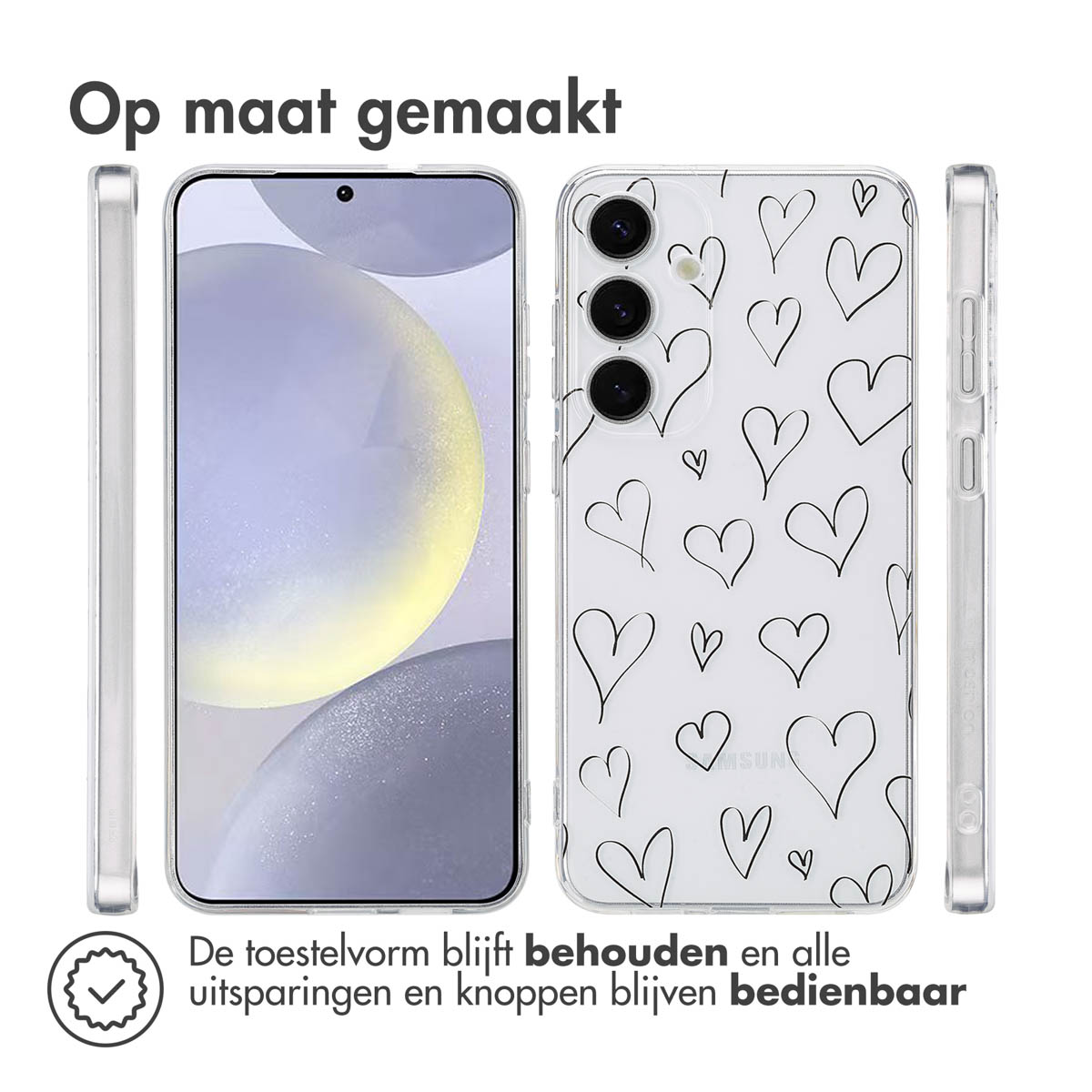 Coque de téléphone transparente avec des cœurs blancs. Un téléphone est à l'intérieur. La coque est transparente.