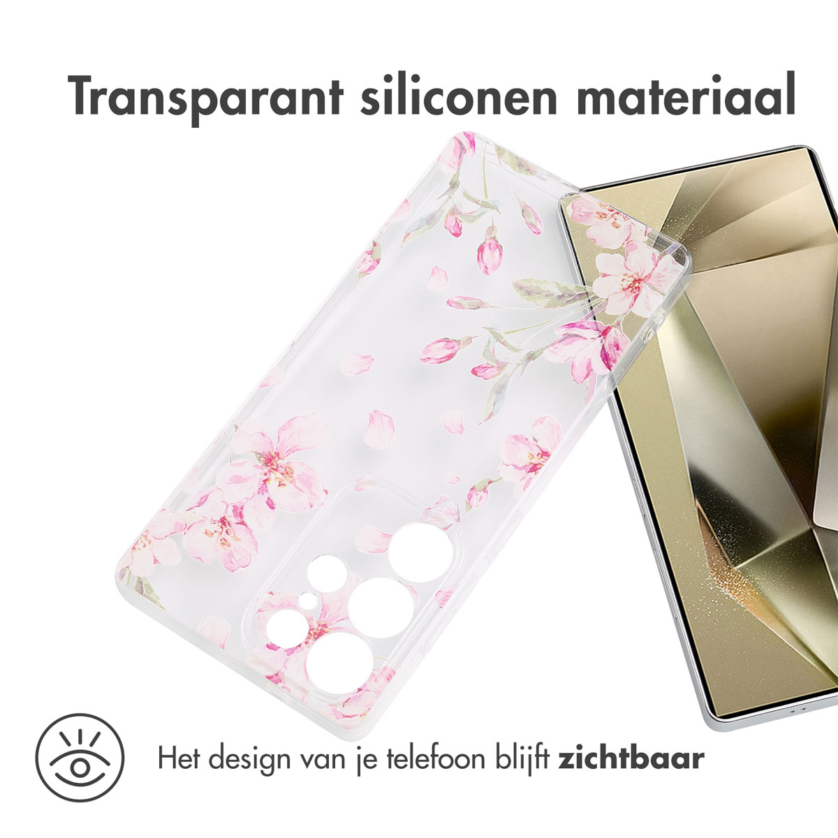 Transparante telefoonhoes met roze bloemenontwerp. Telefoon zichtbaar.