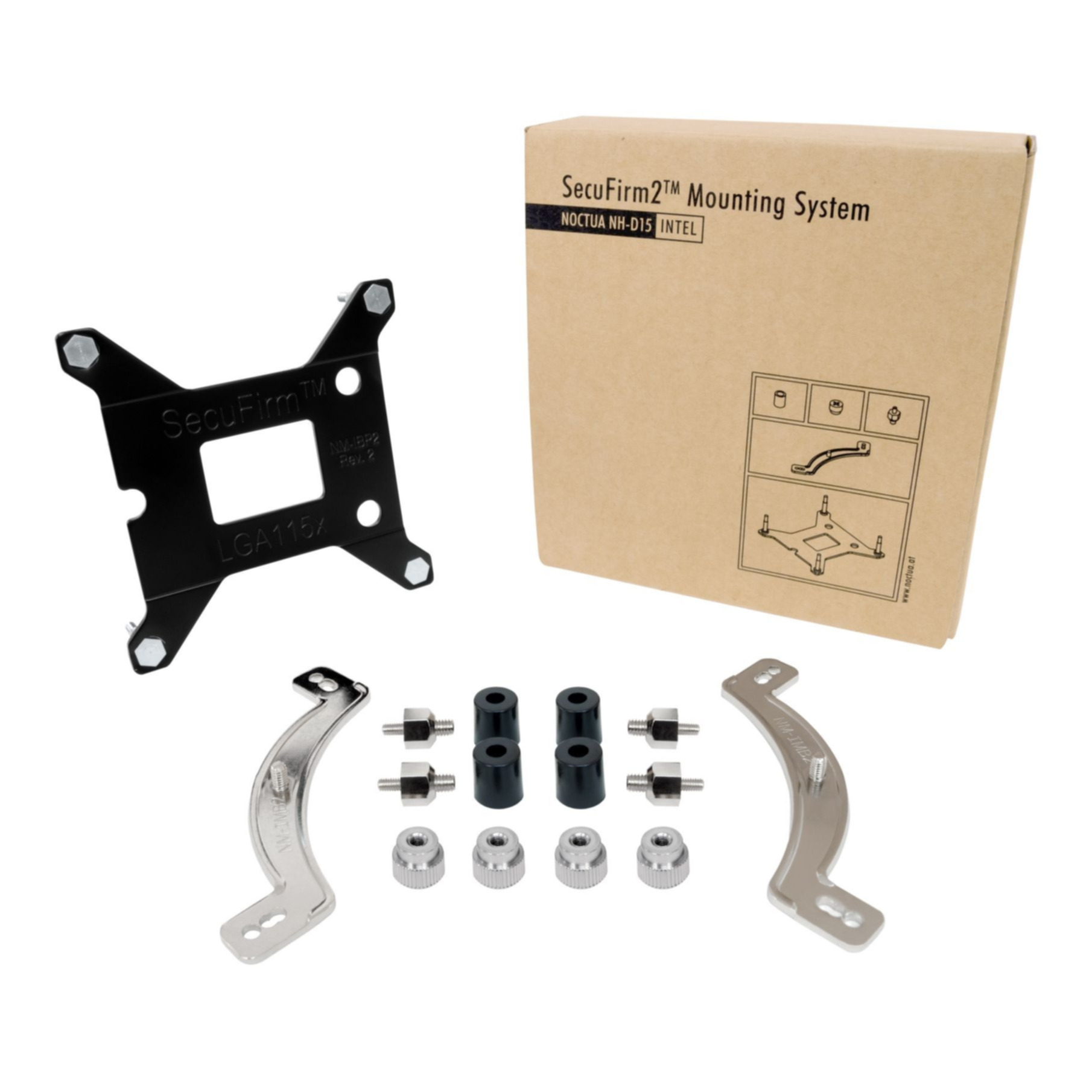 Komponenty komputera: czarny wspornik, śruby i pudełko. Białe tło.