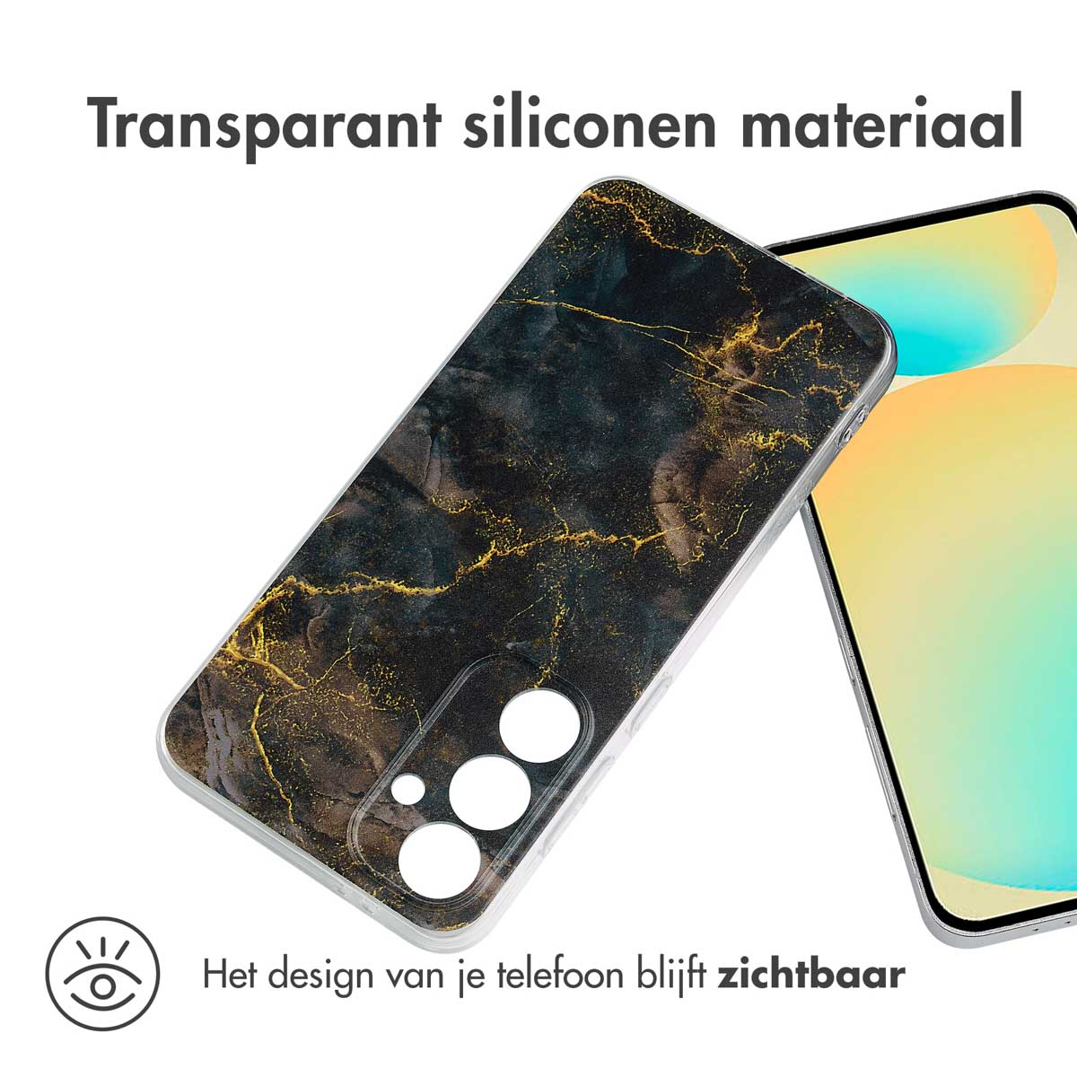 Telefoonhoesje over een telefoon. Het hoesje is zwart en goud. Het telefoonscherm is zichtbaar.