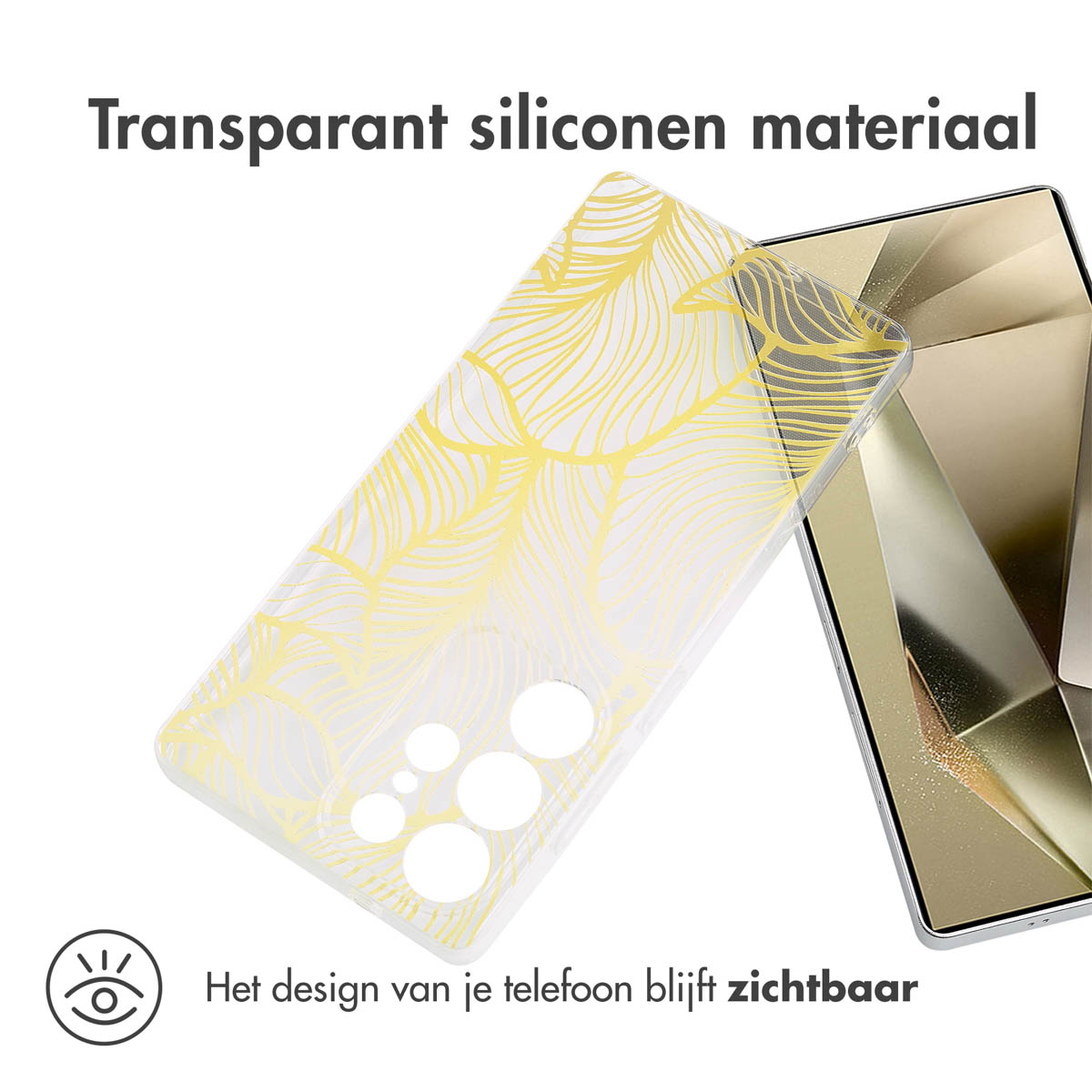 Eine Handyhülle mit gelbem Blumendesign über einem Telefon. Die Hülle ist transparent, und das Telefondesign ist sichtbar.