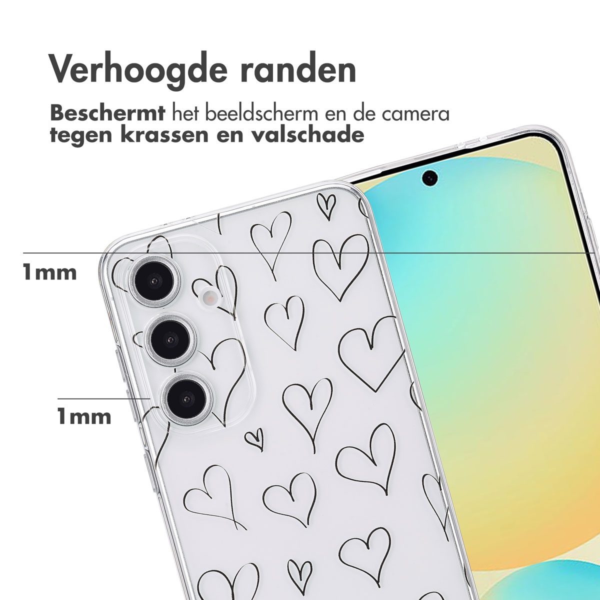 Transparant telefoonhoesje met hartjeskrabbels. Toont de telefoon en verhoogde randen.