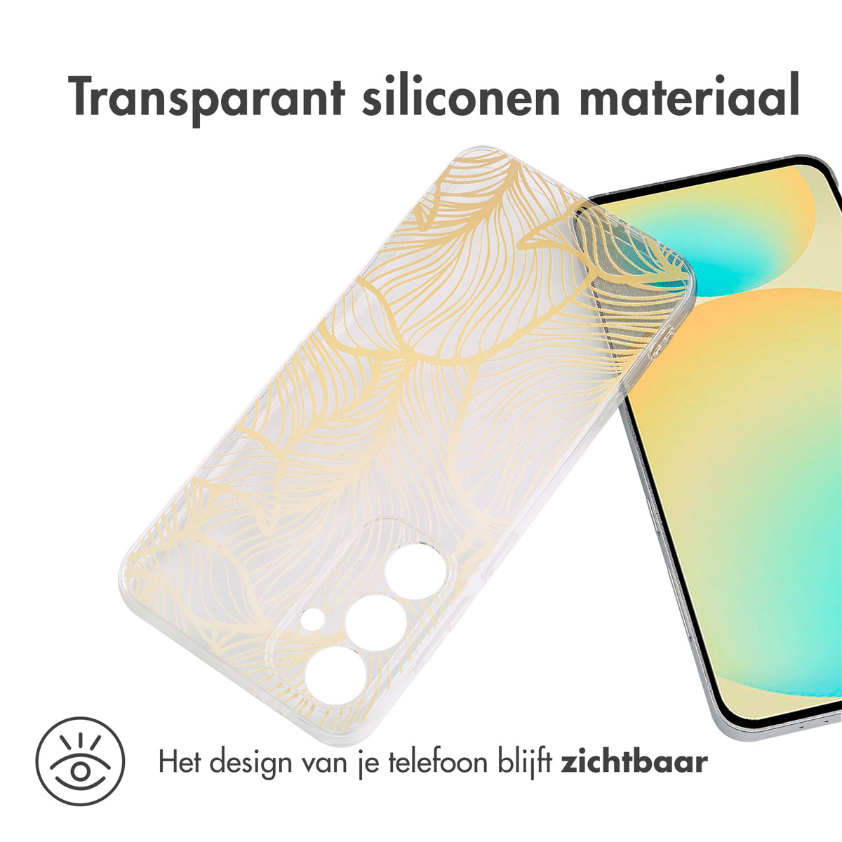 Transparante telefoonhoes met gouden bladeren design. Telefoon zichtbaar.