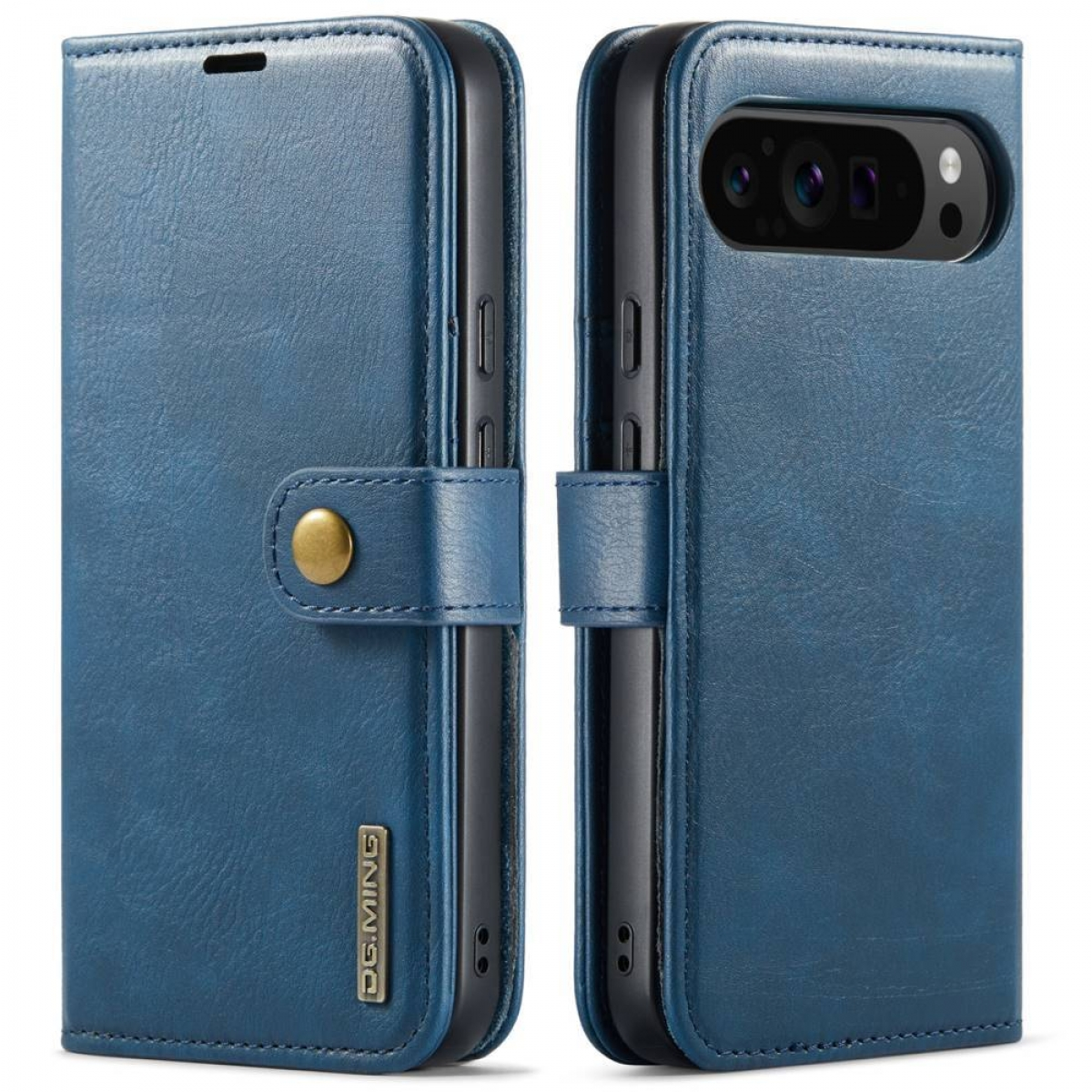 Blaue Leder-Handyhülle mit Knopfverschluss und Handy.