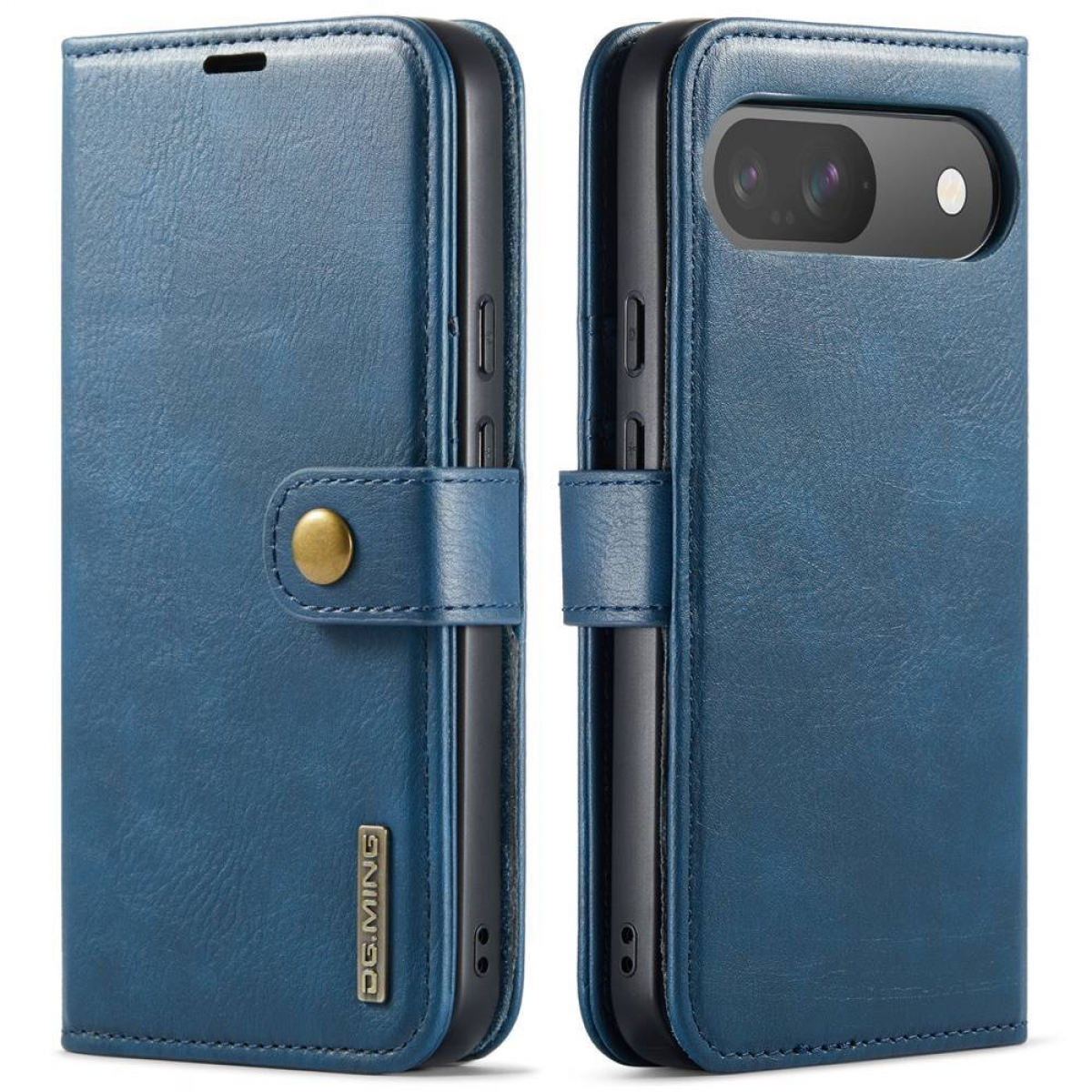 Blaue Leder-Handyhülle, geschlossen und offen, zeigt ein Telefon. Weißer Hintergrund.
