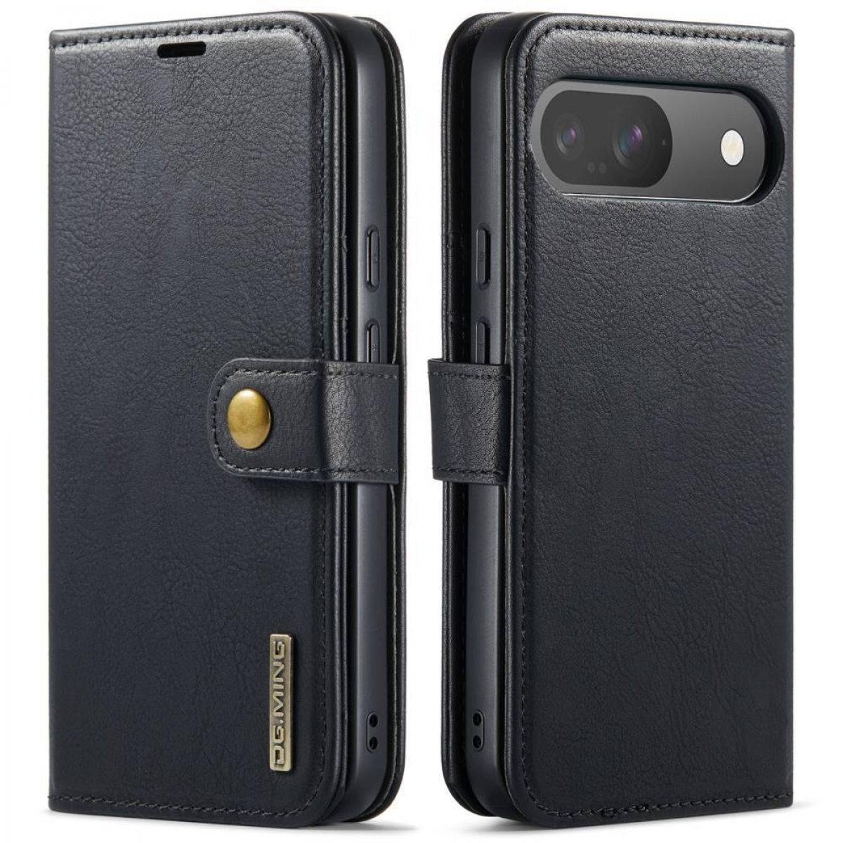 Schwarze Leder-Handyhülle mit Knopfverschluss. Die Hülle ist links geschlossen und rechts geöffnet, das Telefon zeigend.