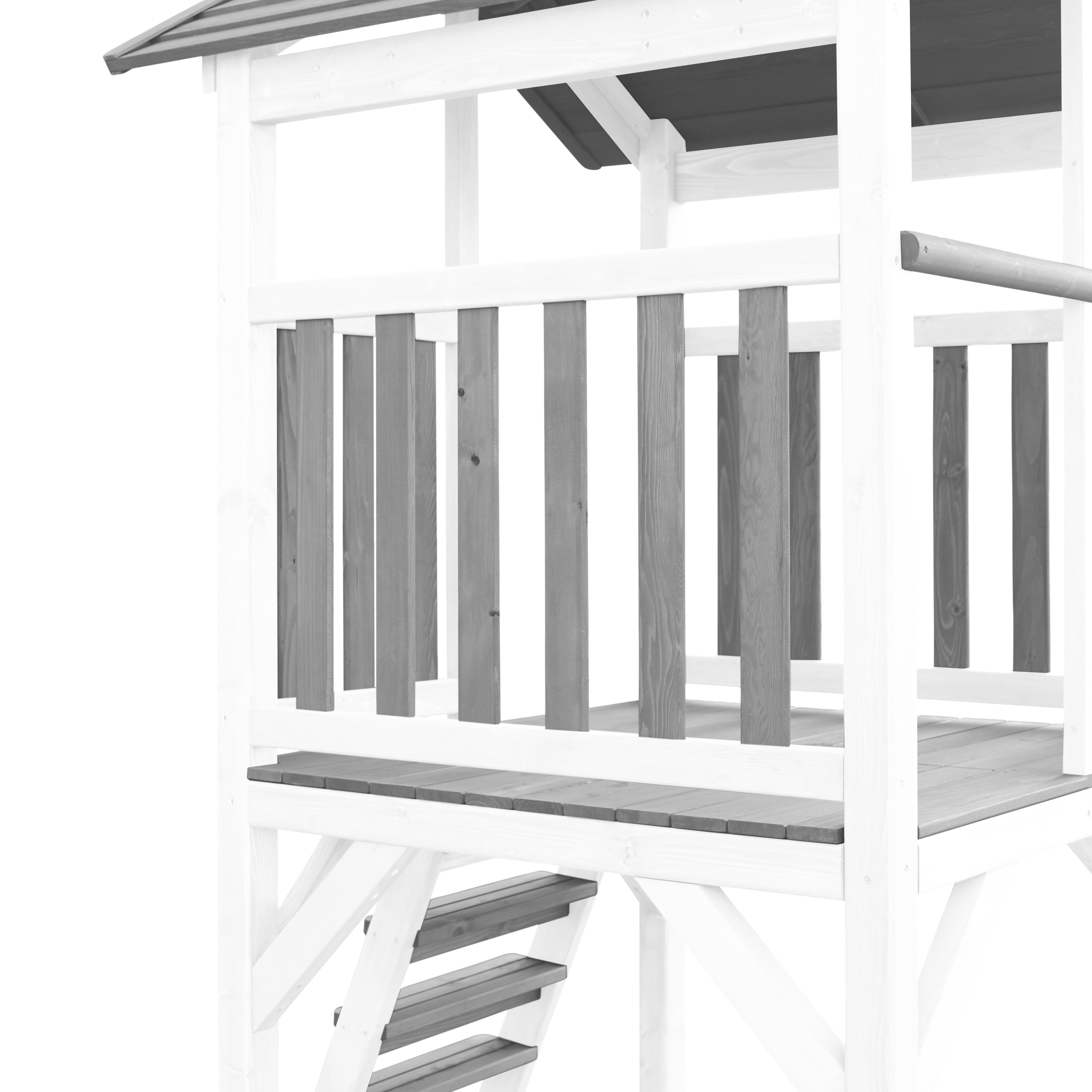 Ein weißes und graues Holzspielset mit einer kleinen Treppe.