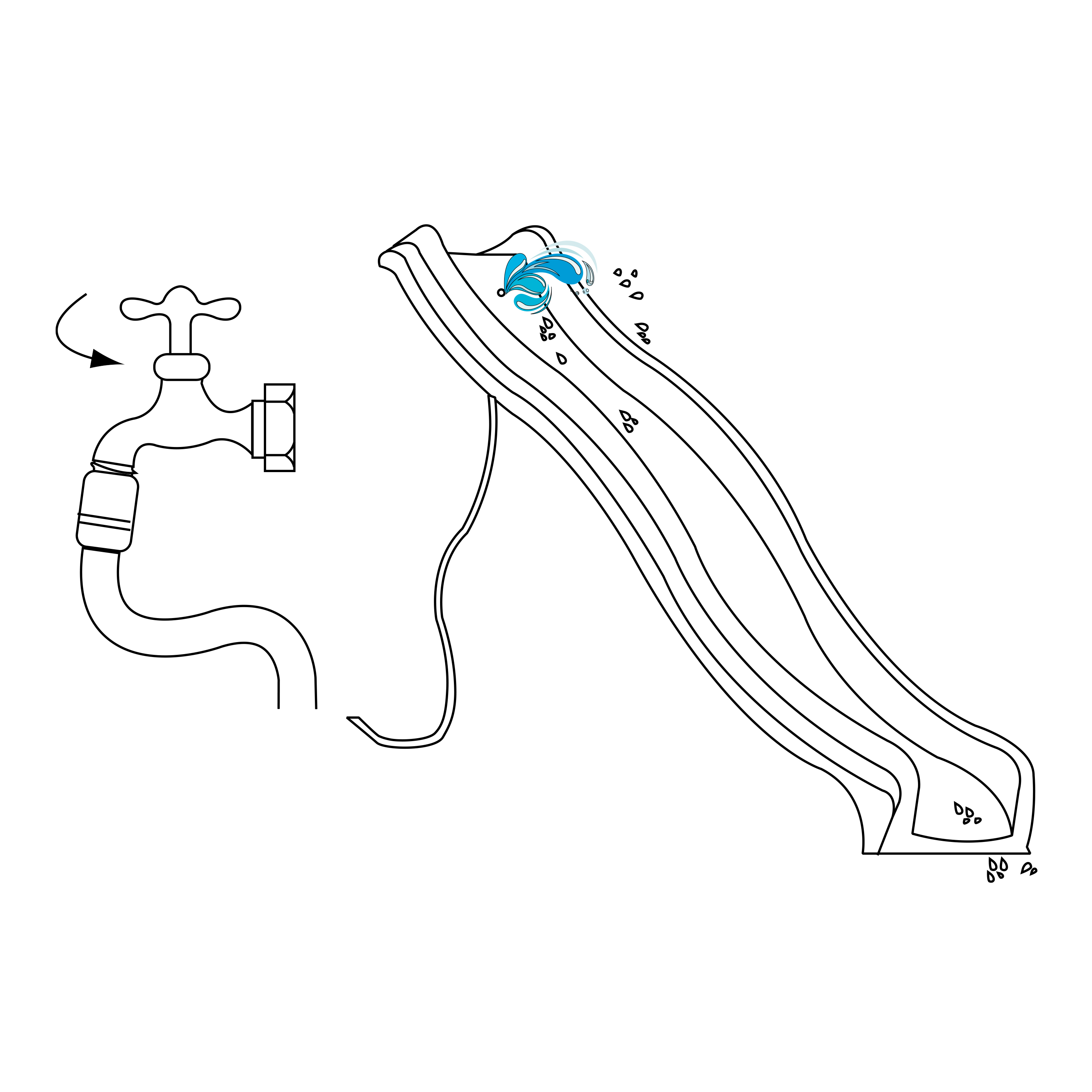 Eine Strichzeichnung zeigt einen Wasserhahn mit Schlauch, der mit einer Wasserrutsche verbunden ist.