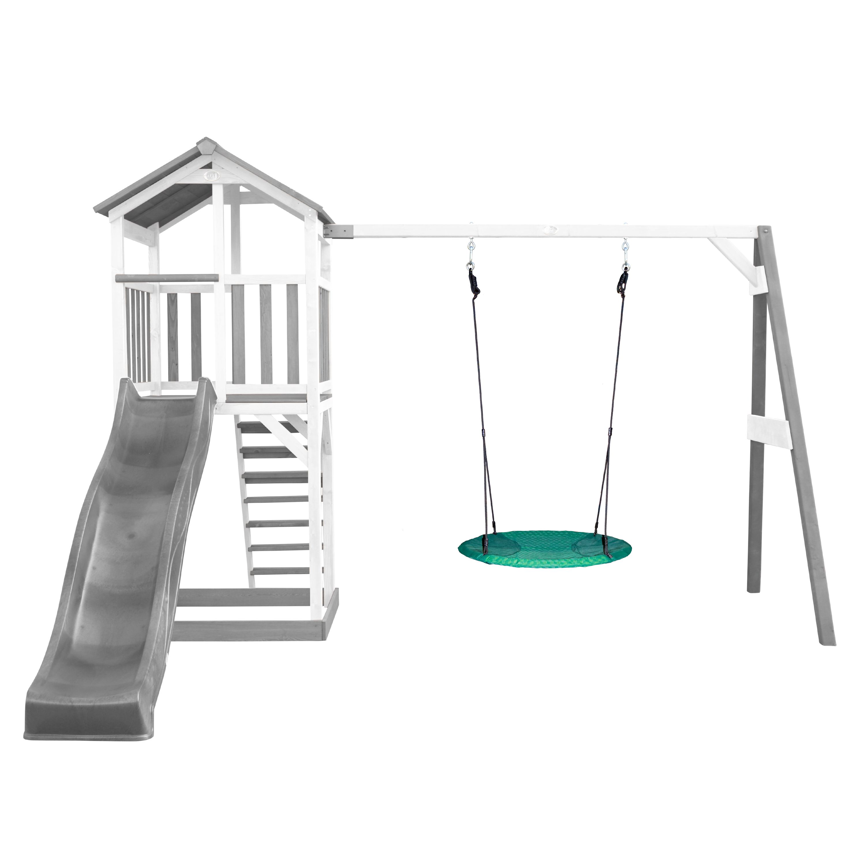 Spielplatz mit Rutsche, Treppe, Schaukel und Spielhaus.