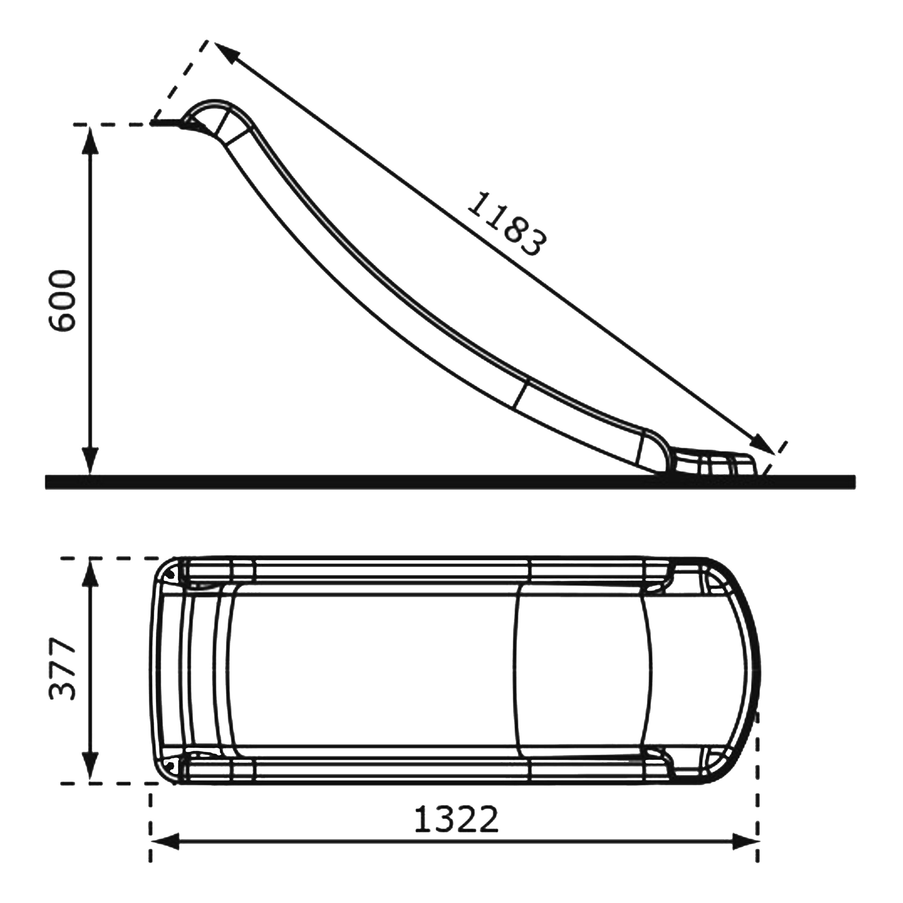 Diagramm einer Rutsche mit Abmessungen, das Höhe, Länge und Basisgröße zeigt.