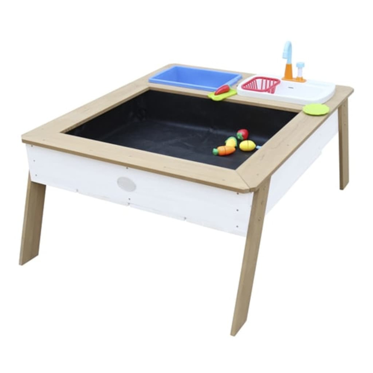 Spielzeugtisch aus Holz mit Spüle, Wasserhahn und Spielzeuggemüse.