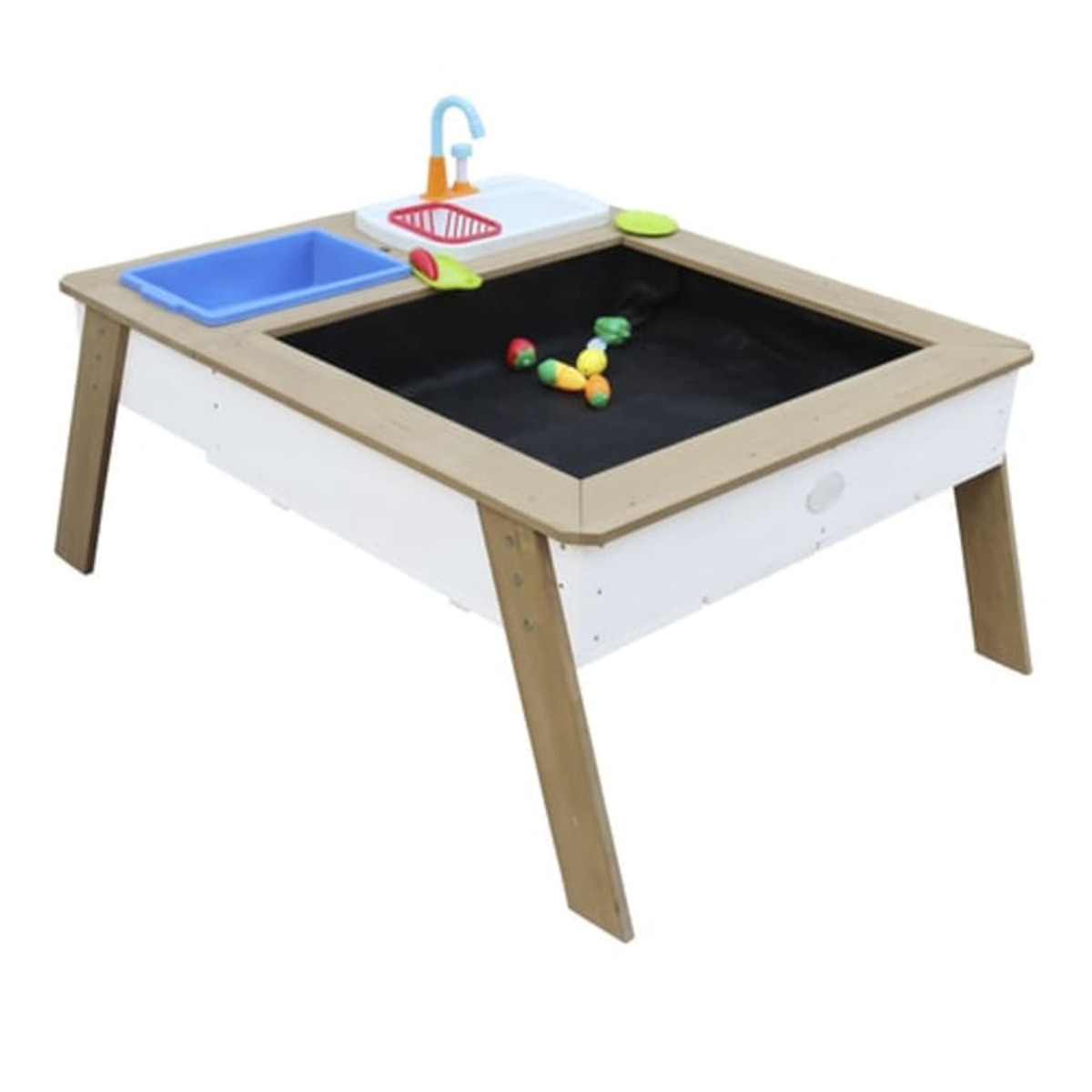 Ein Spieltisch aus Holz mit Waschbecken, Becken und Spielzeug.