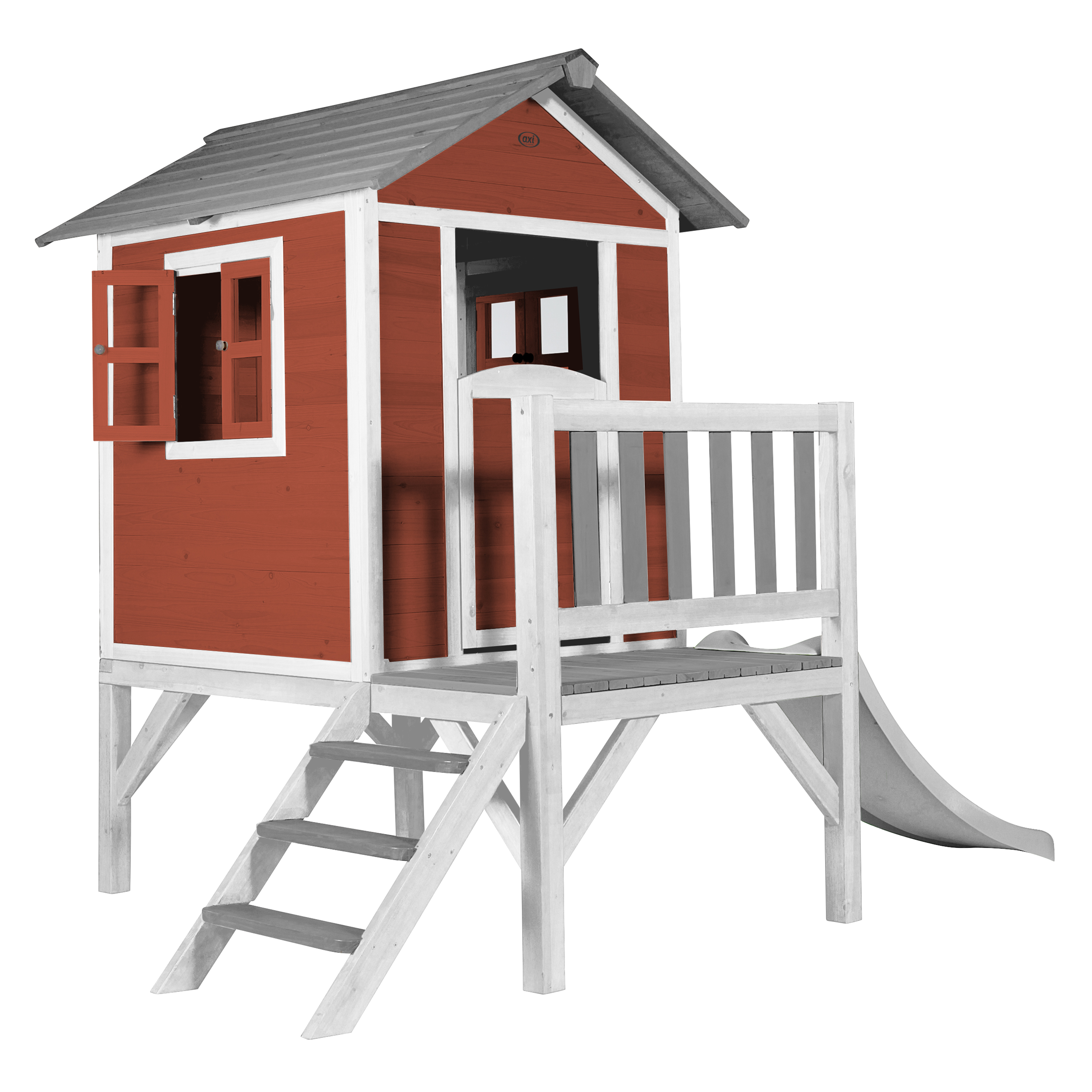 Ein rot-weißes Holzspielhaus mit Rutsche und Treppe. Es hat ein graues Dach und ein offenes Fenster.